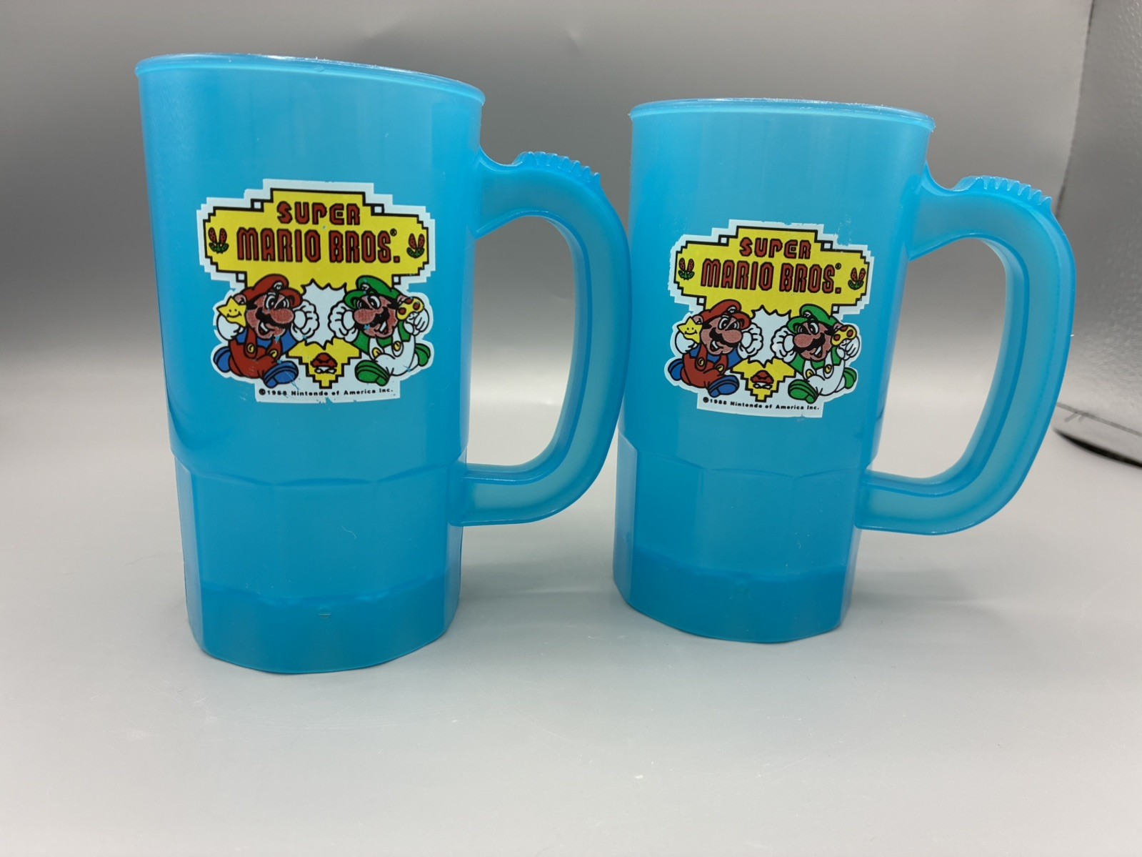 2 Super Mario Bros Nintendo 1980s 1988 Vintage vtg Blue Tumbler Cup Mug Rare 