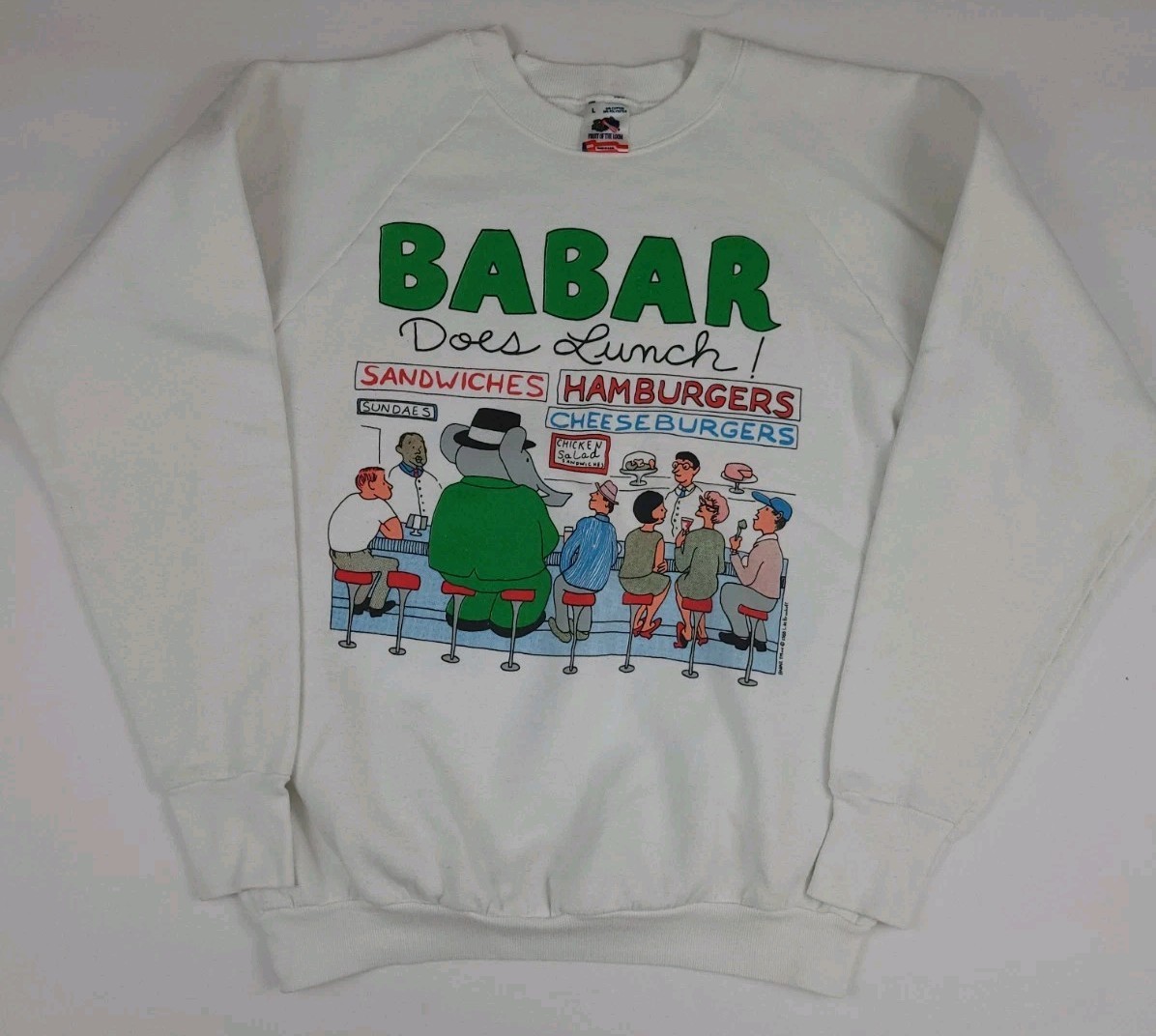 Vintage 80s Babar Does Lunch Cartoon Print Sweatshirt Rare Htf USA Made 1988 Vtg