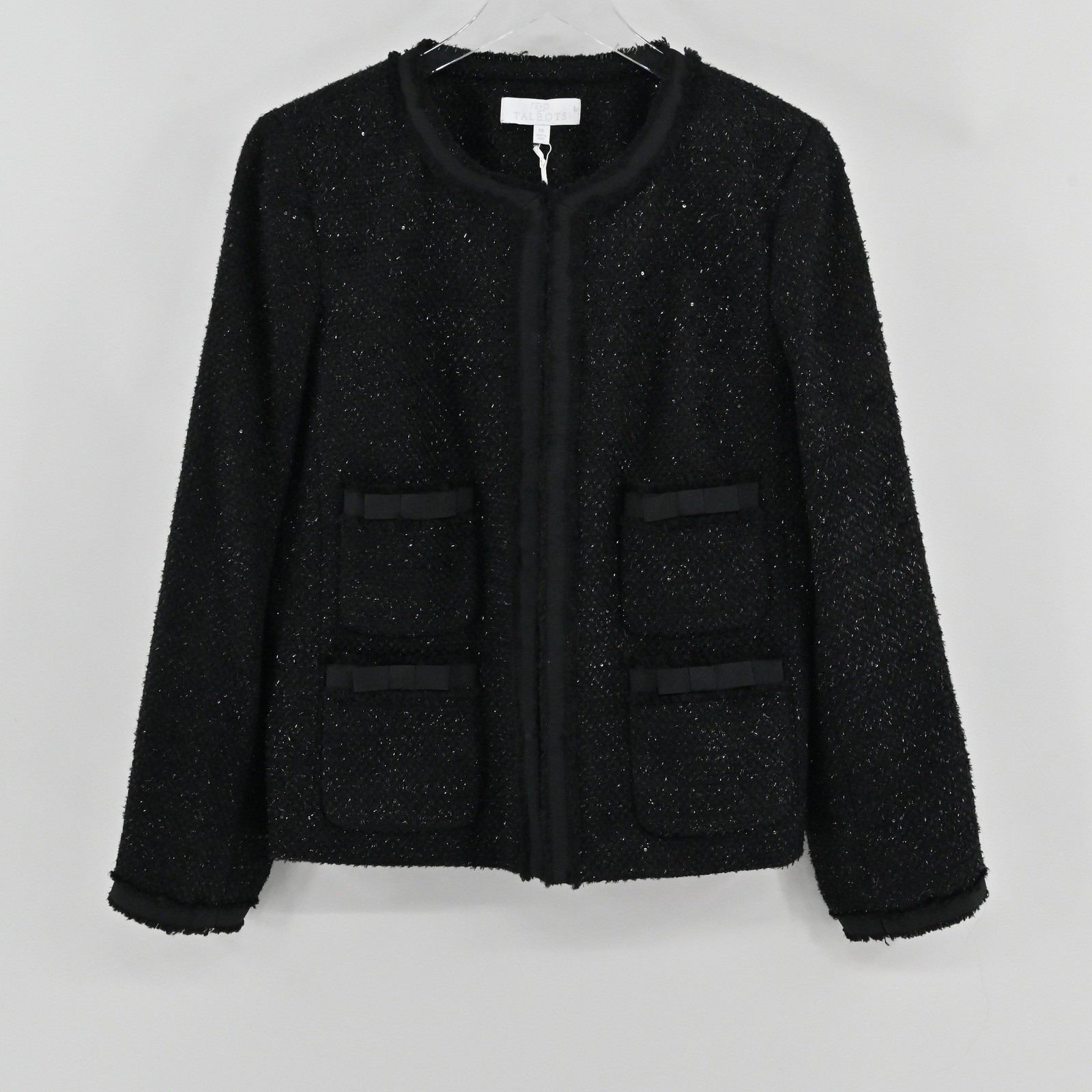 Talbots RSVP Sequin Boucle Tweed Jacket Womens Size 14 Black Bow Evening Blazer
