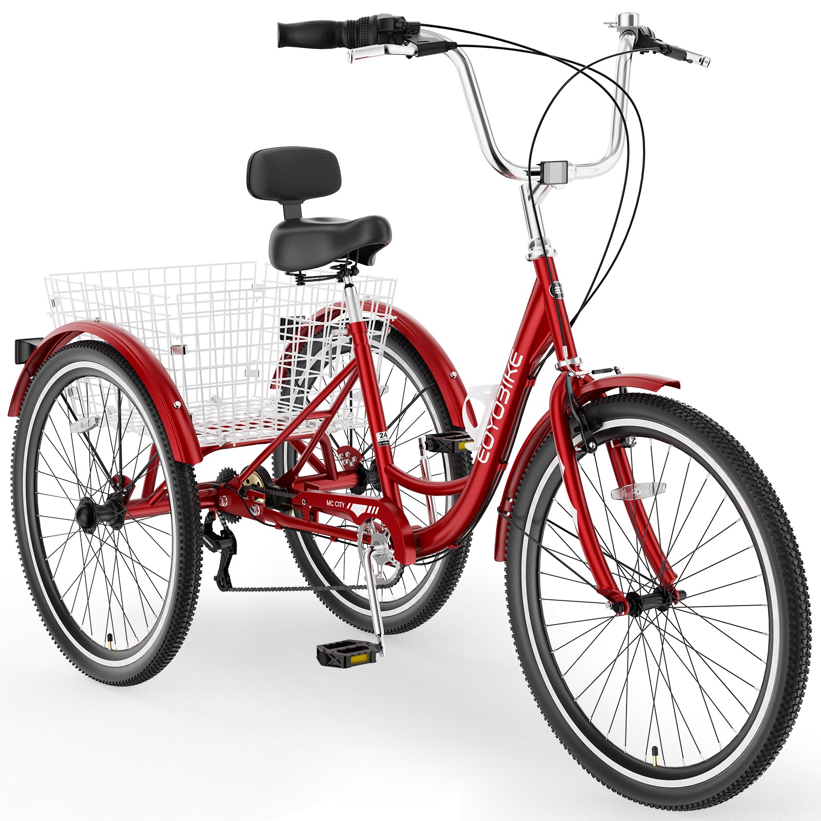 EOYOBIKE 24in Adult Tricycle 7-Speed with Basket,350LBS Commuter Student Bike