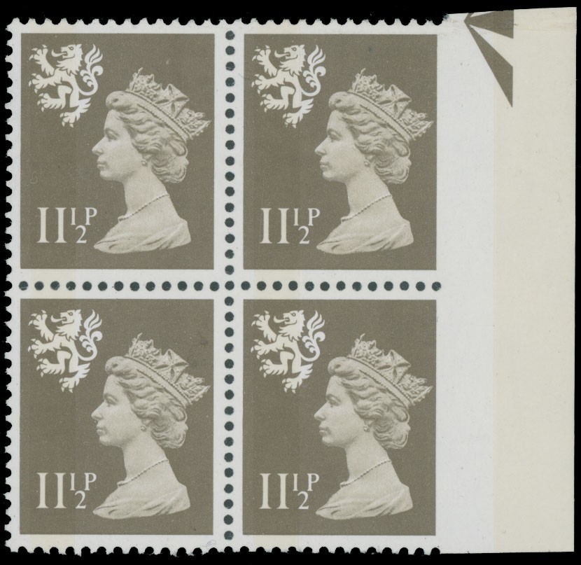 1981, GREAT BRITAIN-SCOTLAND, MACHIN ERROR 11 1/2P BLOCK IMPERF AT RIGHT, SG#S36