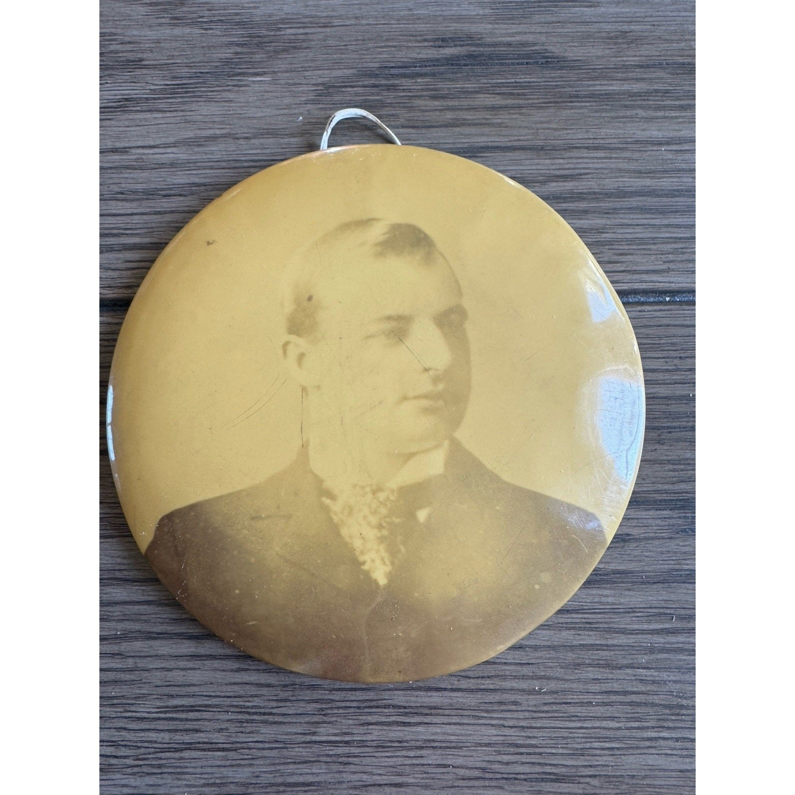 Antique 6'' Round Tin Button Style Photo Portrait Of Dapper Dressed Man Sepia