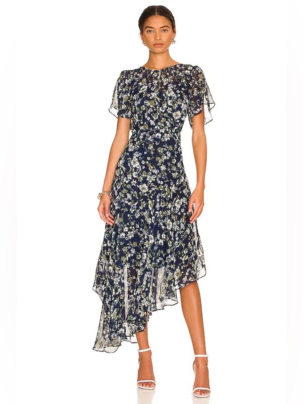 ASTR The Label Floral Chiffon Maxi Dress Size Small Blue Green Flutter Sleeve