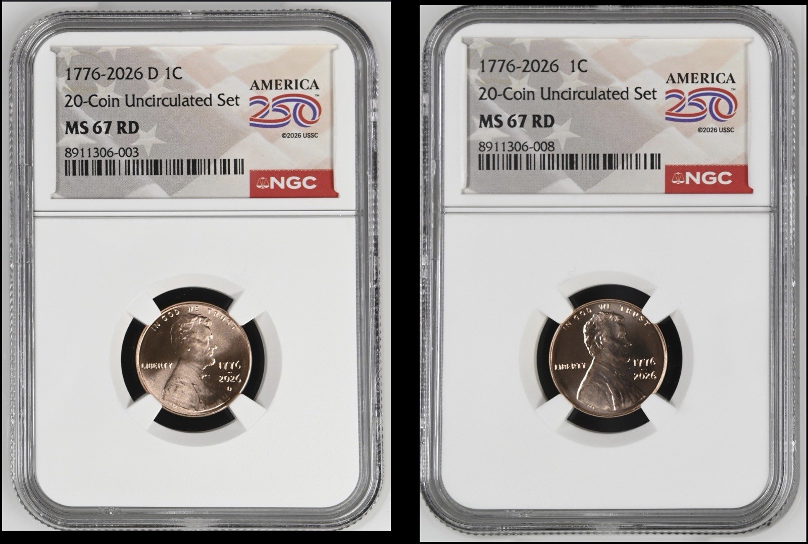 1776-2026 P D Lincoln 1c Cent 2 Coin Set NGC MS67 RD America 250 USA Label