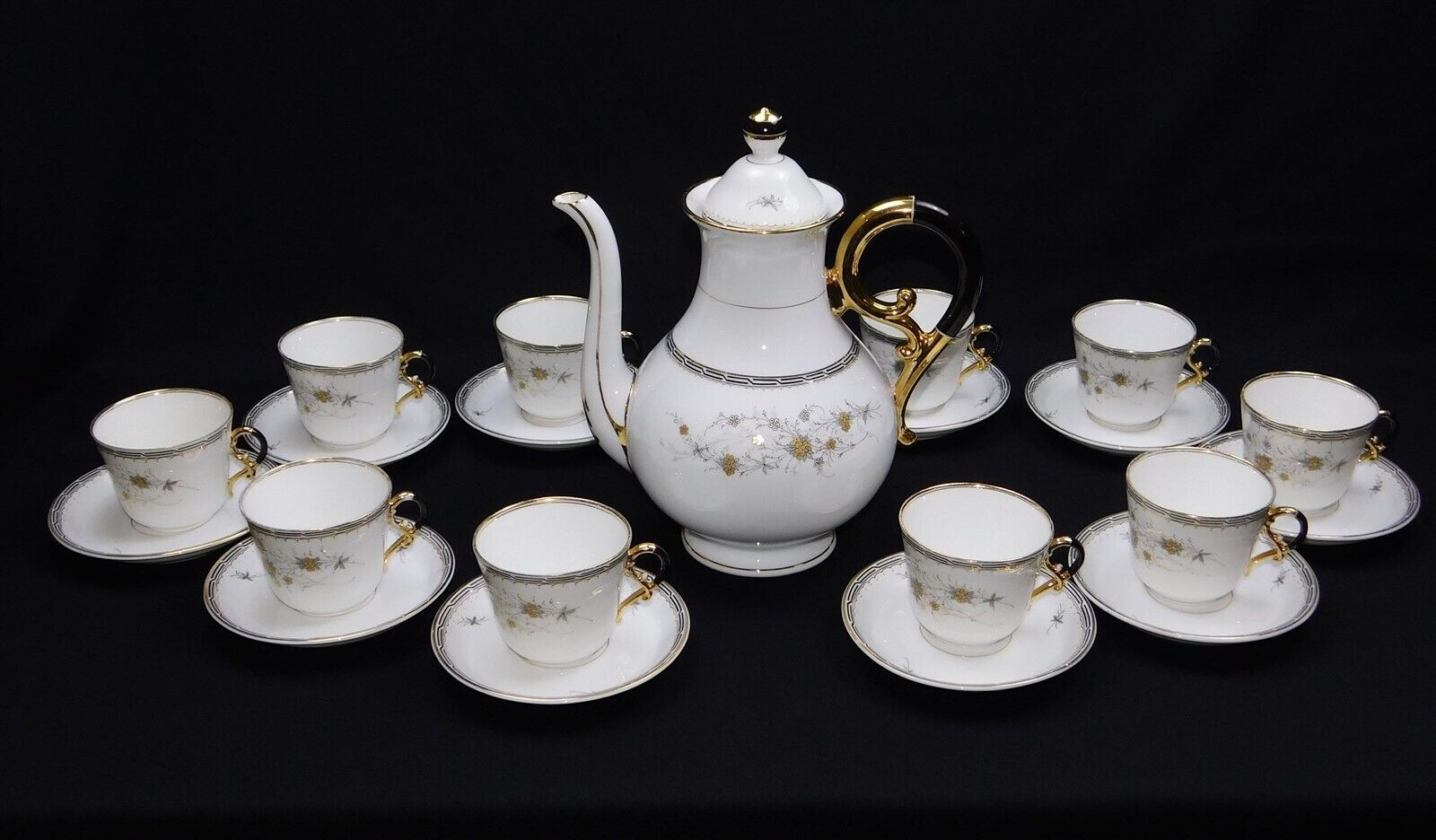 Vtg A.R. Keniganelt Germany Coffee Set Cup Saucer Pot Gold Silver Black Floral