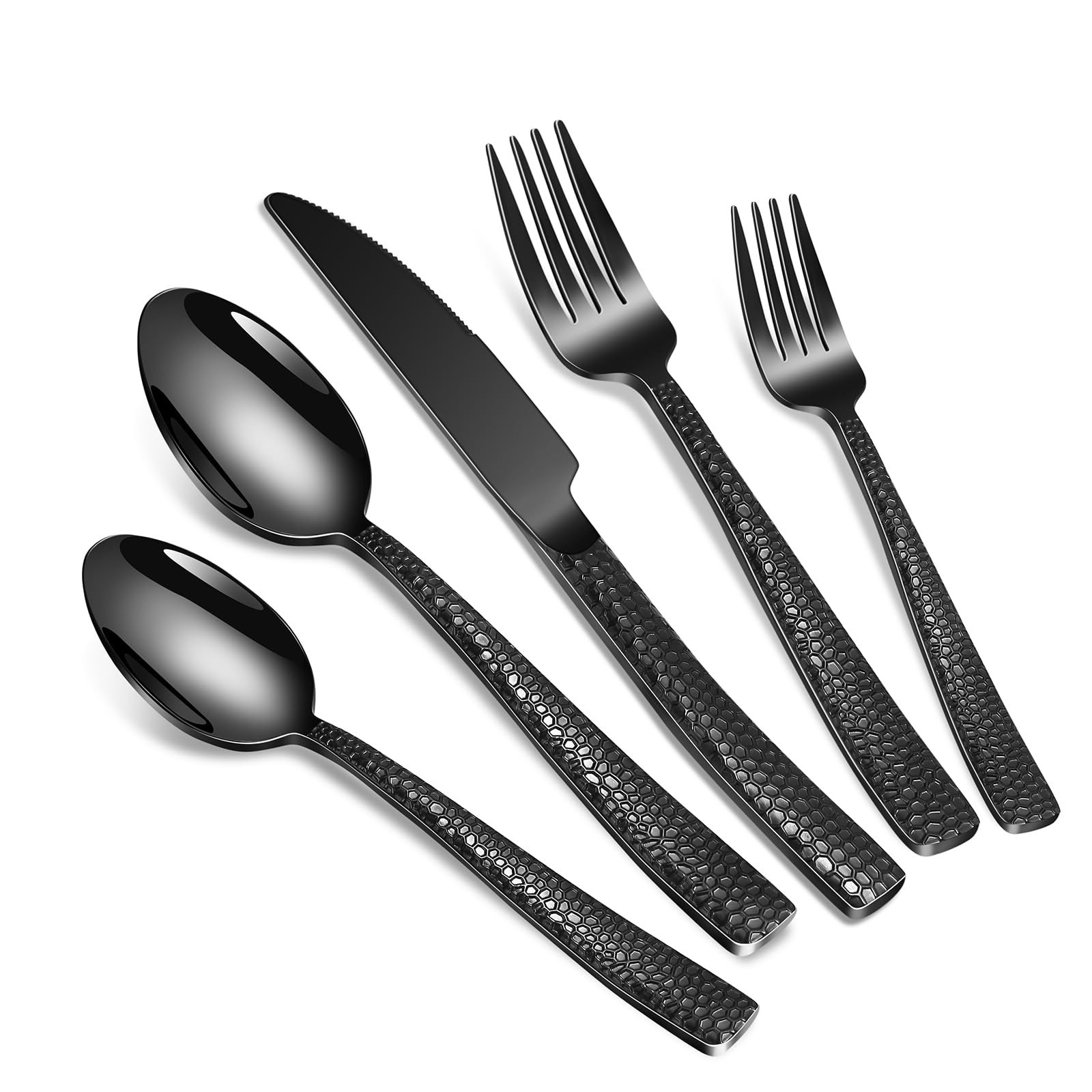 40-Piece Black Hammered Stainless Steel Flatware Set for 8 - Durable, Dishwasher