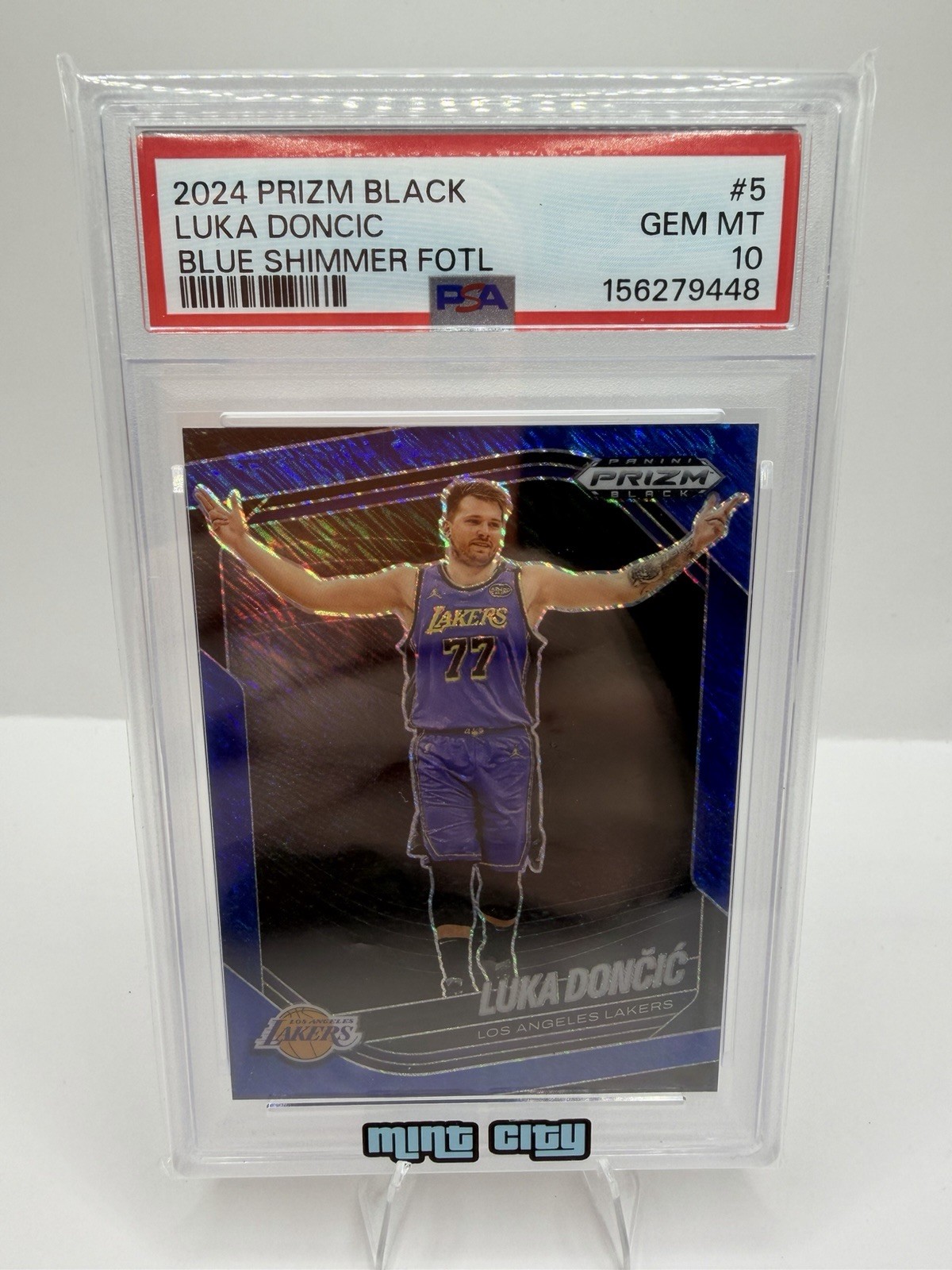 Panini 2024-25 Prizm Black Luka Dončić FOTL #5 Blue Shimmer Prizm /35 PSA 10