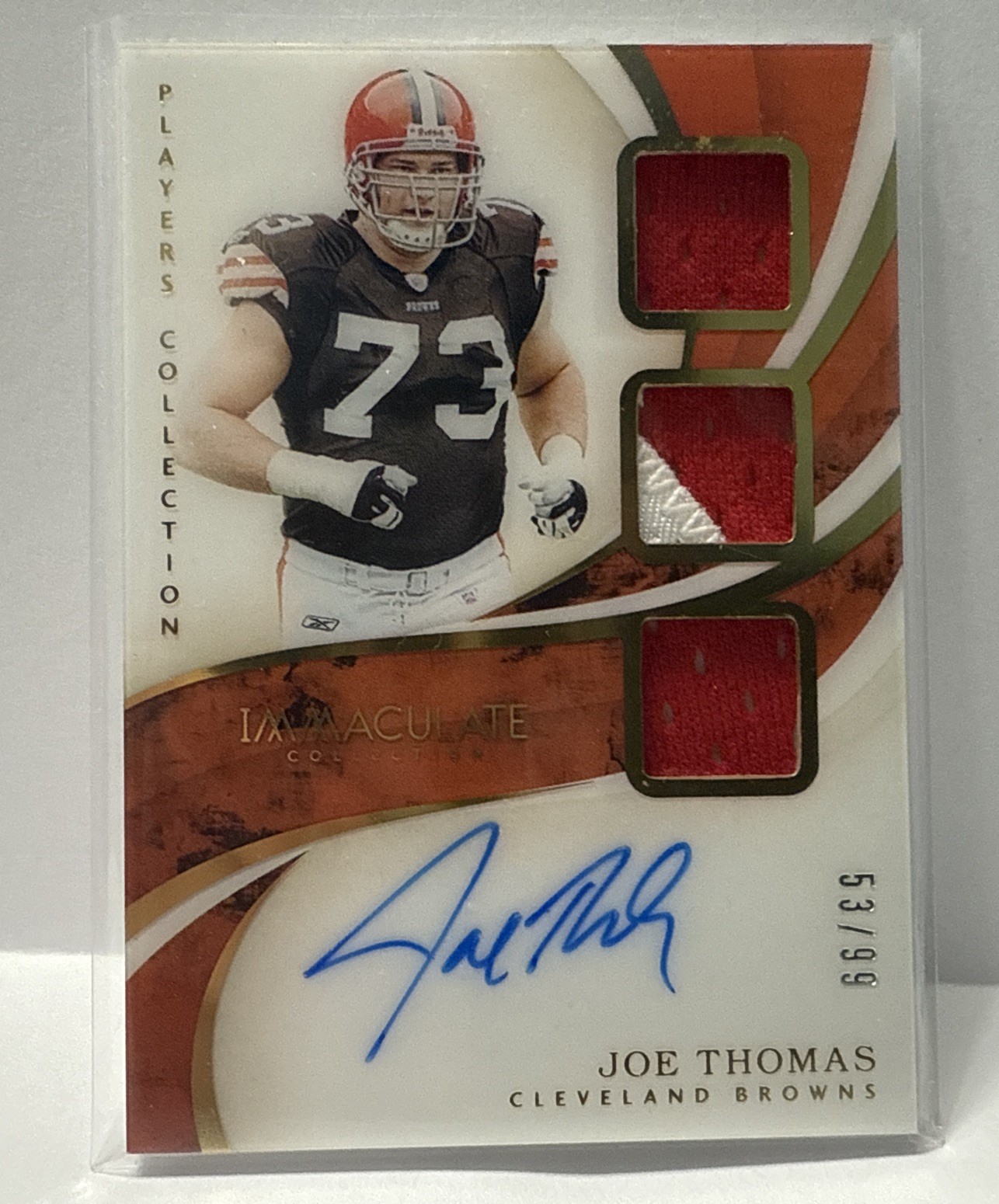 2019 IMMACULATE JOE THOMAS On Card AUTO TRIPLE PATCH # /99 CLEVELAND BROWNS 🏈
