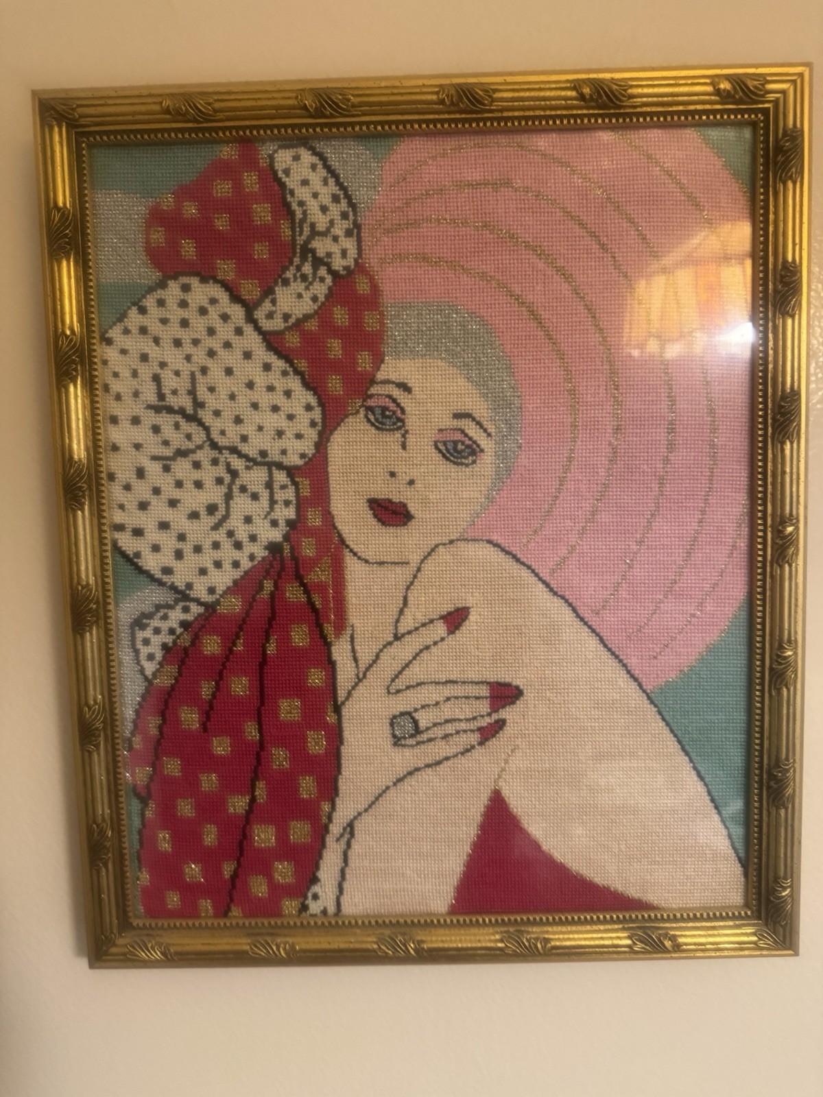 Vintage Framed Hand-Stitched Needlepoint Portrait “Diamond Lil” Folk Art