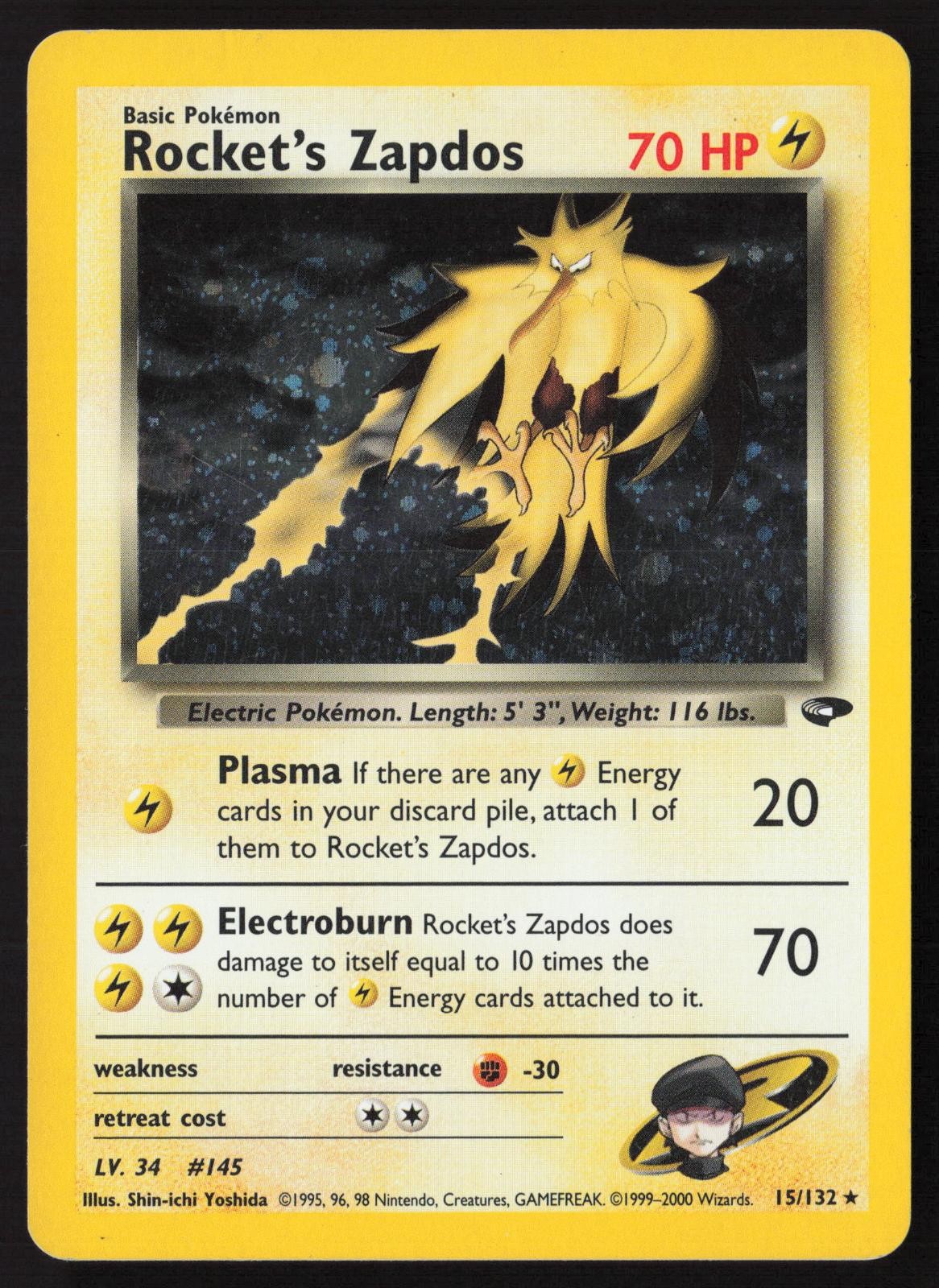 Rocket\'s Zapdos Full Holo 15/132 Pokemon Gym Challenge MP