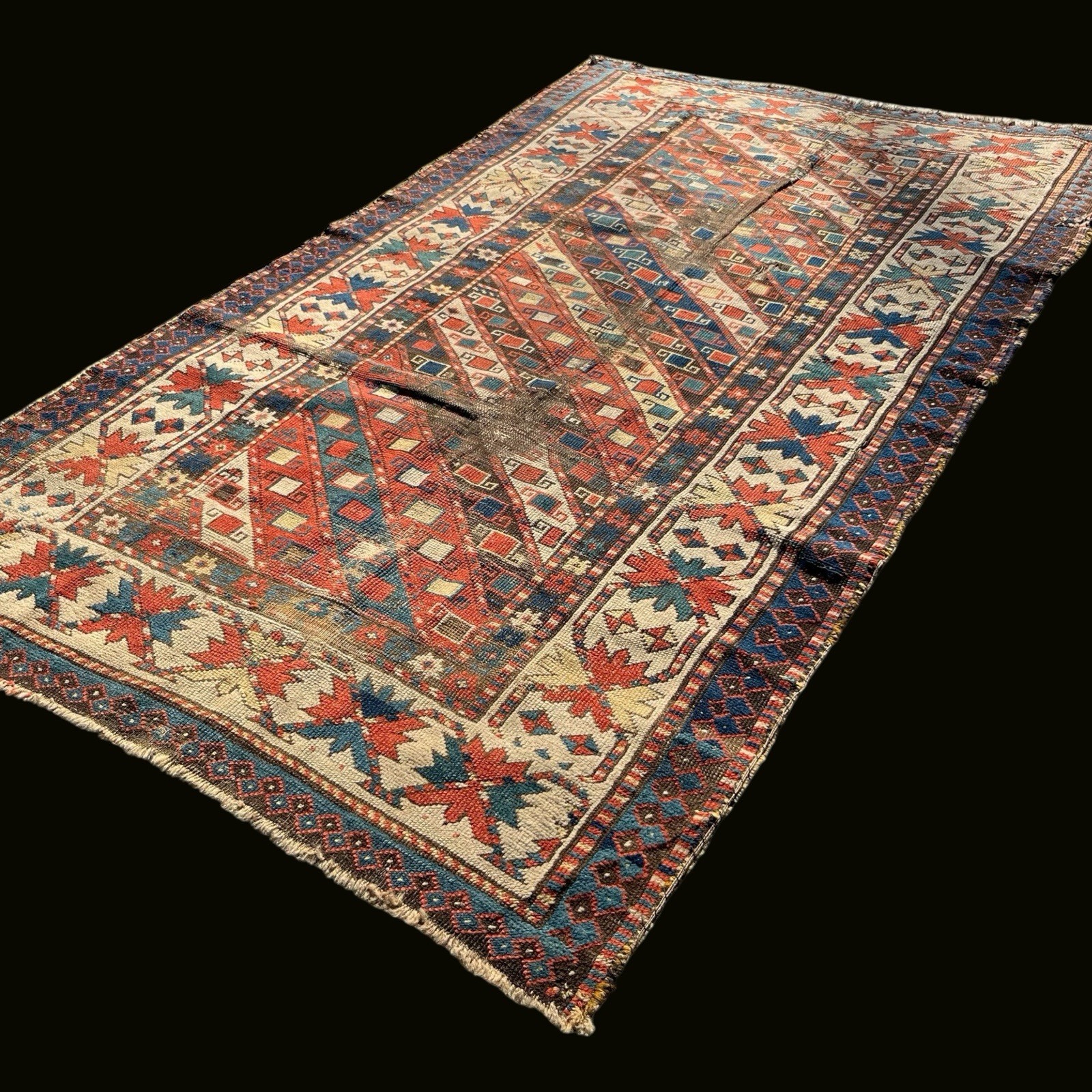 Antique 1890s Caucasian Rug 4x7 Hand Knotted Gendje Wool Rug Geometric
