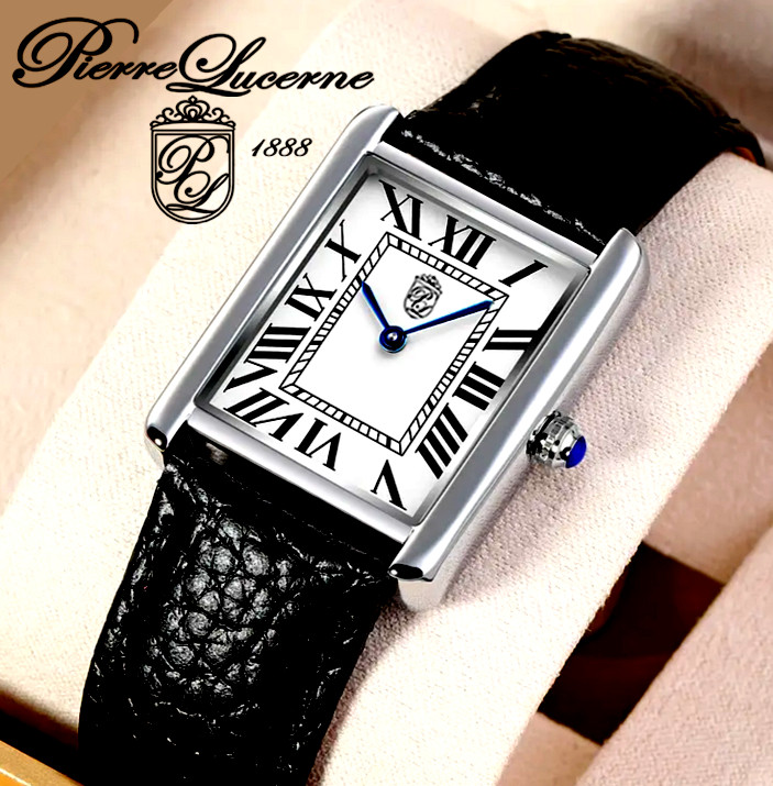 Swiss Inspired Iconic Design Classic Mens Watch Pierre Lucerne Tank Black Band