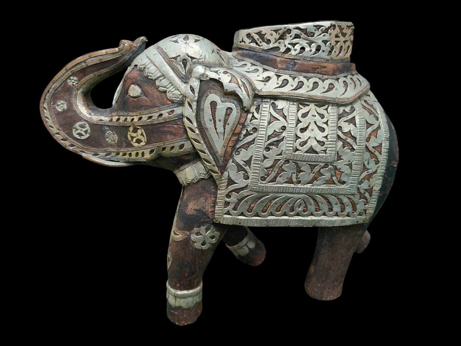 Big Vintage Hand Carved Wood Elephant Statue Brass Embossed Metal Fitted 14\