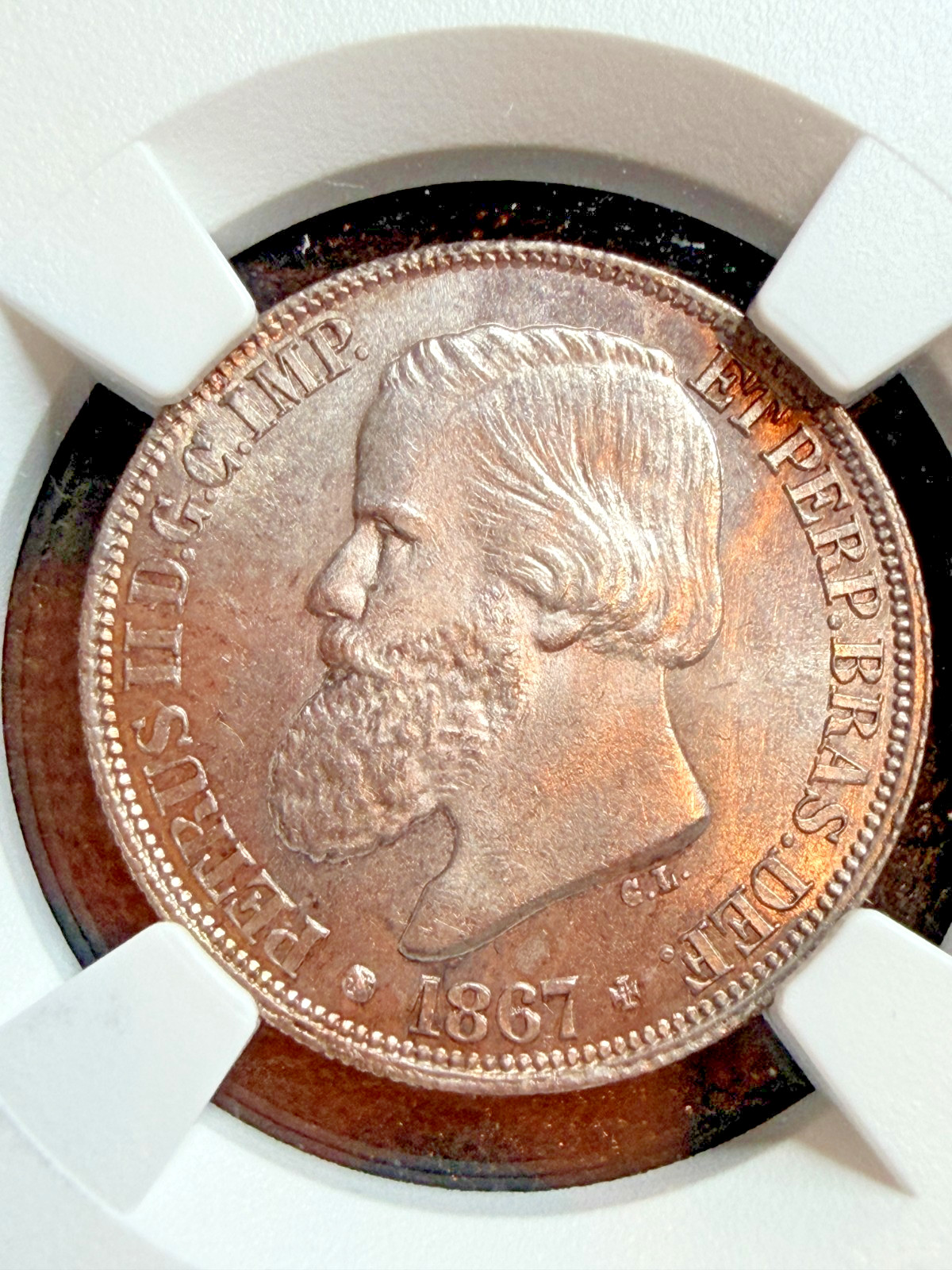 1867 Brazil 200 Reis Bust Type NCG MS65 Toned Scarce Silver 1867 Brazil 200 Reis Bust Type NCG MS65 Toned Scarce Silver