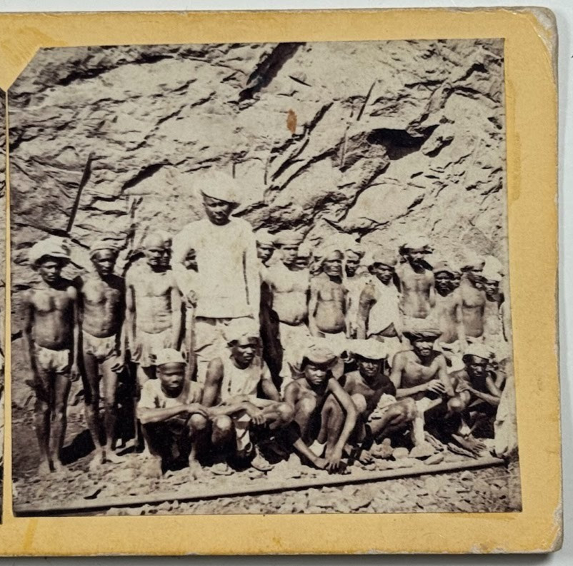 Group of Shirtless Men, Native Laborers Posed at a Mining Site Stereoview Card