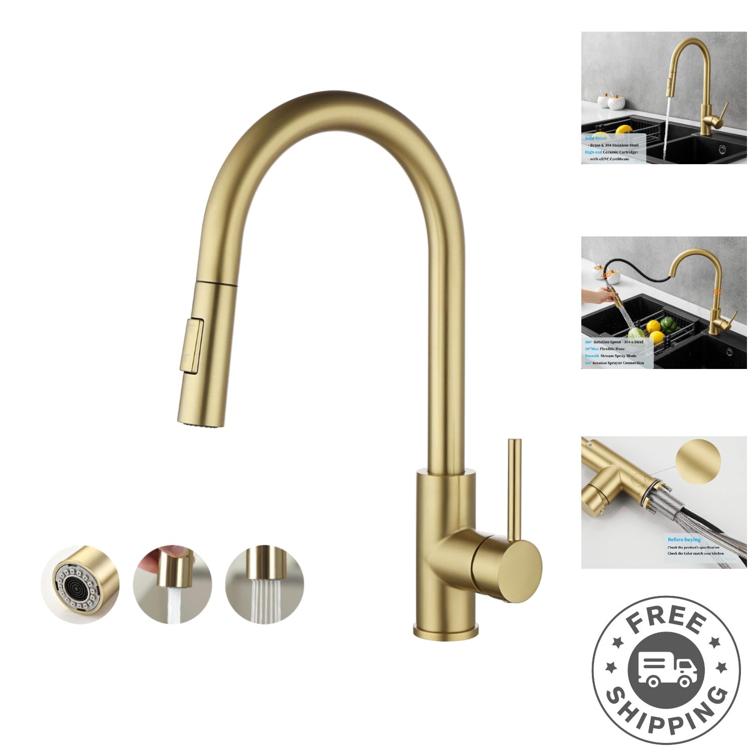 Luxury Brushed Gold Kitchen Faucet with Pull Down Sprayer for Modern Sinks