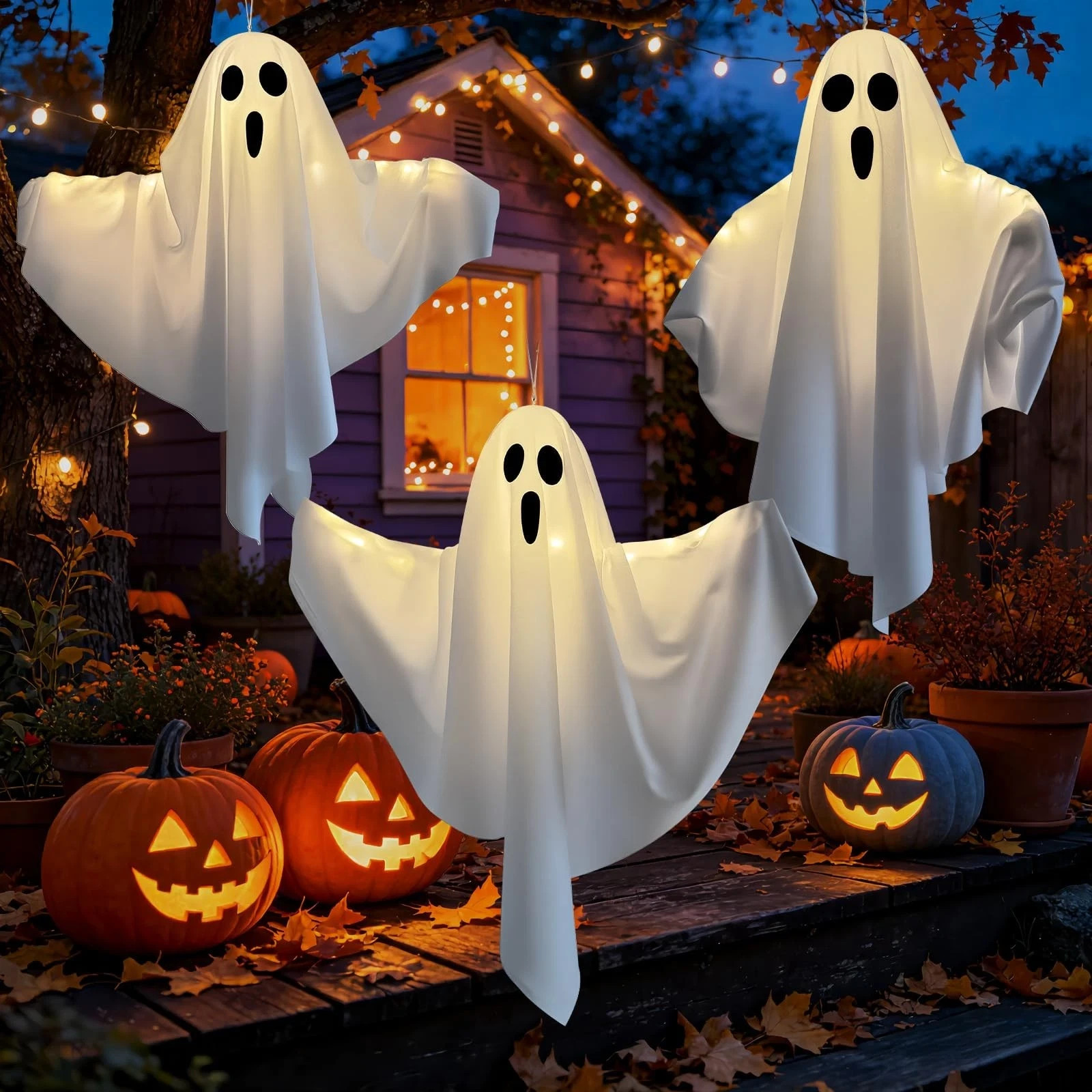 3 Pack Light up Hanging Ghosts Halloween Decor, 22.5 Inch White Ghosts