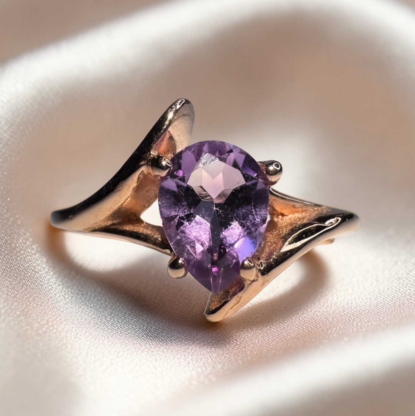 VINTAGE 10K Rose Gold Amethyst Ring -Solitaire Bypass -Size 6 Pear Cut -2.2g