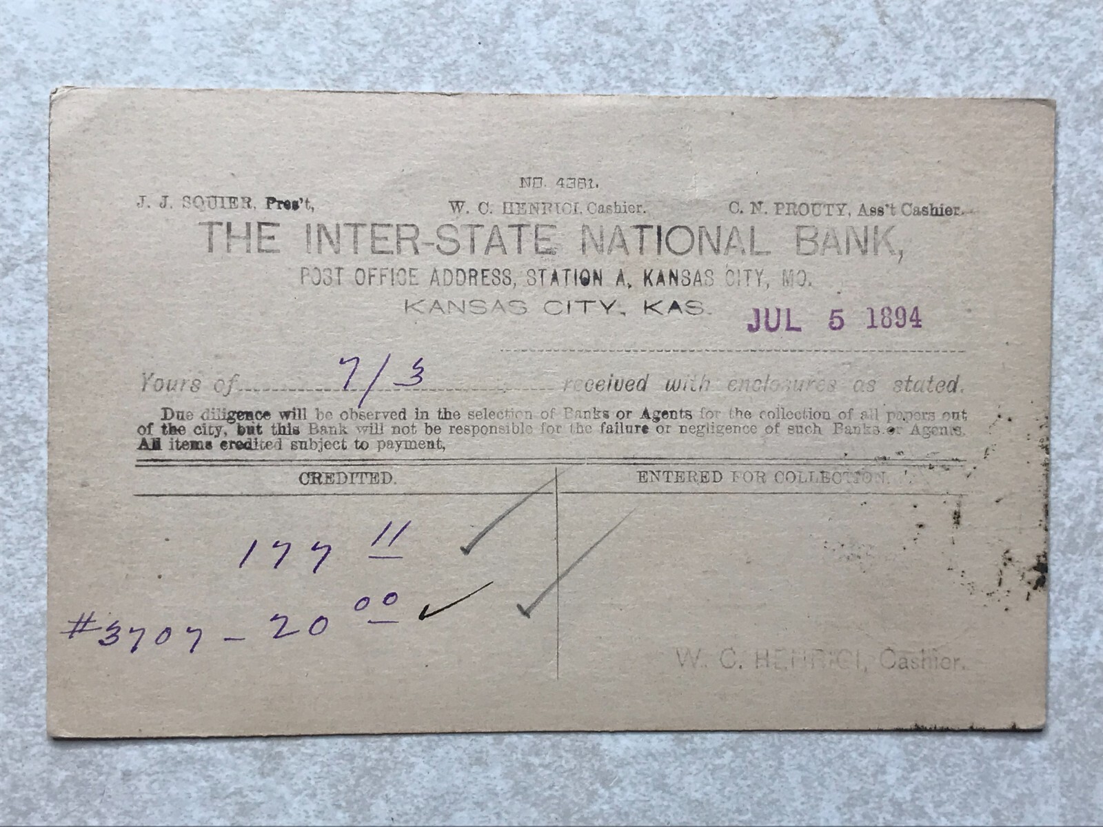 F1986 Postcard Postal Card Interstate National Bank Kansas City Kansas KS 1894