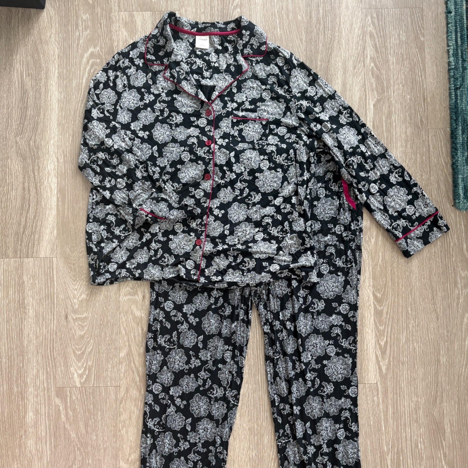 Soma Cool Nights Pajama Set Floral Button Down Top and Pants Black White Large
