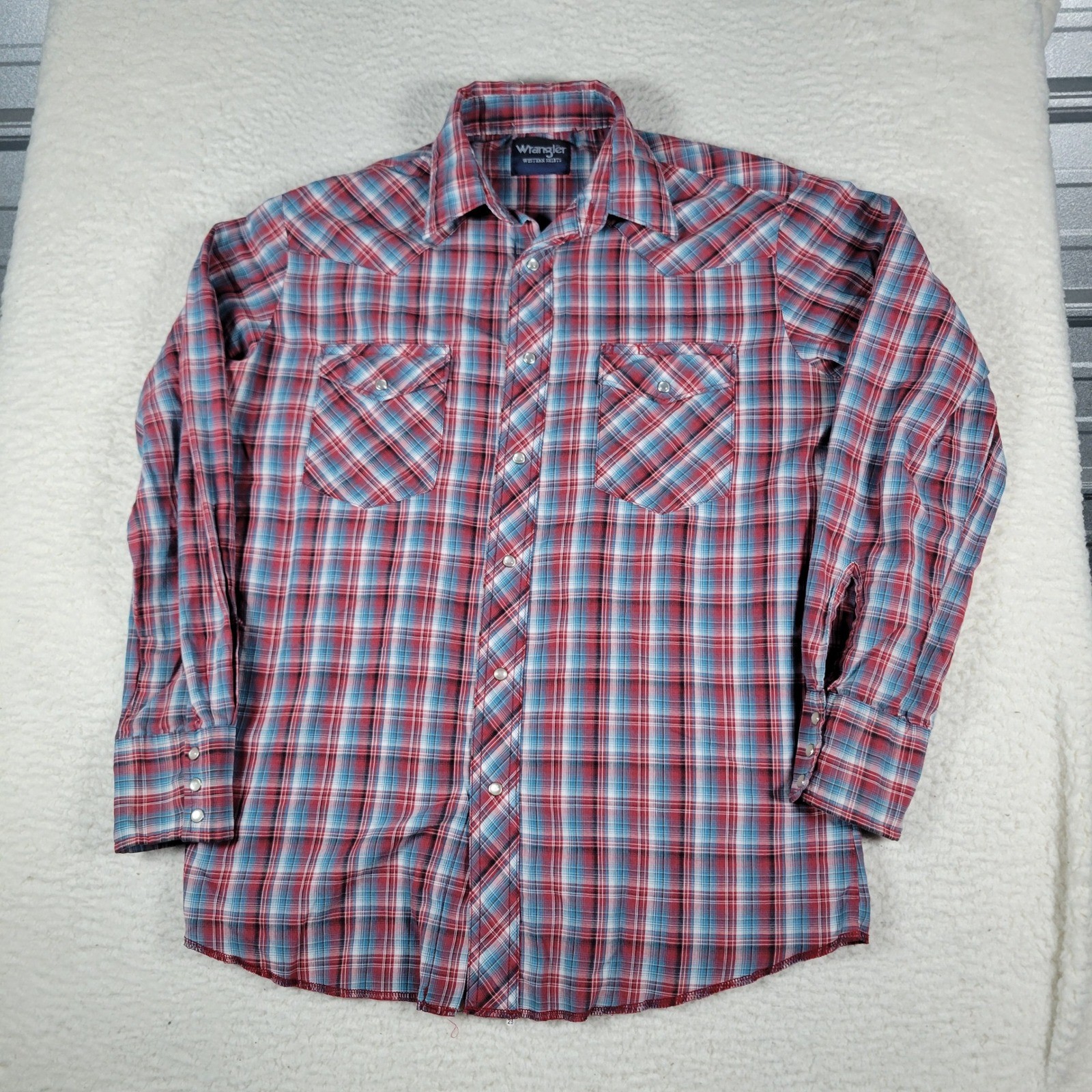 Wrangler Western Shirt Mens L Red Blue Plaid Pearl Snap Long Sleeve Yoke Pockets