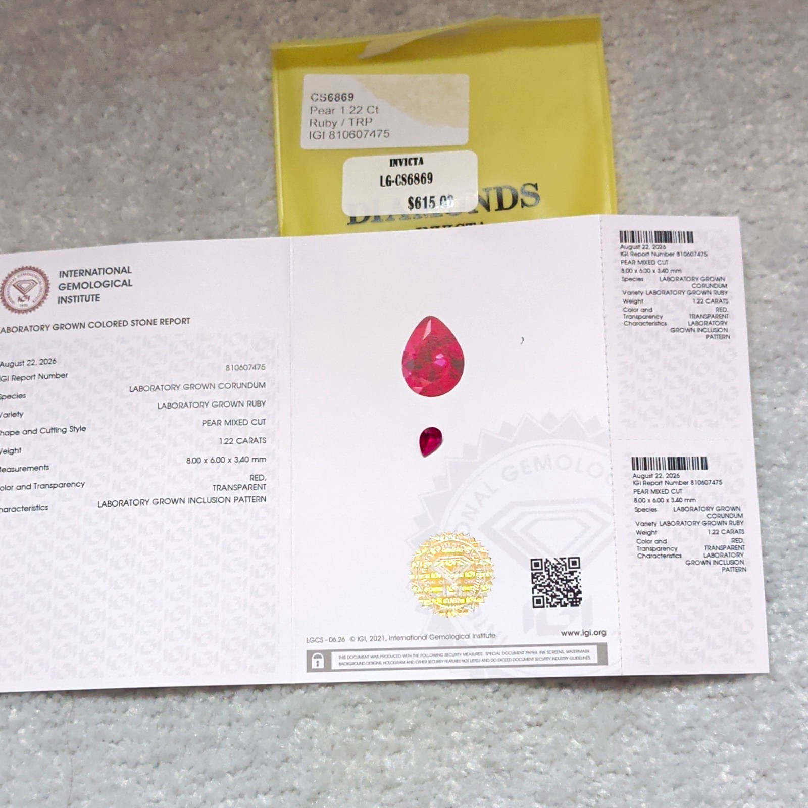 IGI Certified Lab-Created Ruby 1.22ct Red Pear 8x6mm Transparent