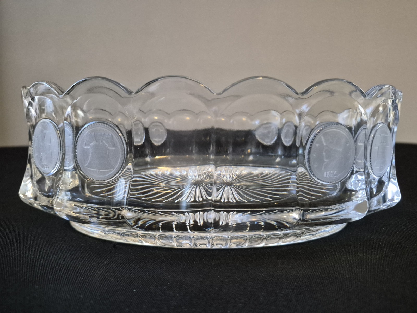 Fostoria Coin Clear Oval Bowl Liberty Bell 1886 Scalloped Glass Vintage