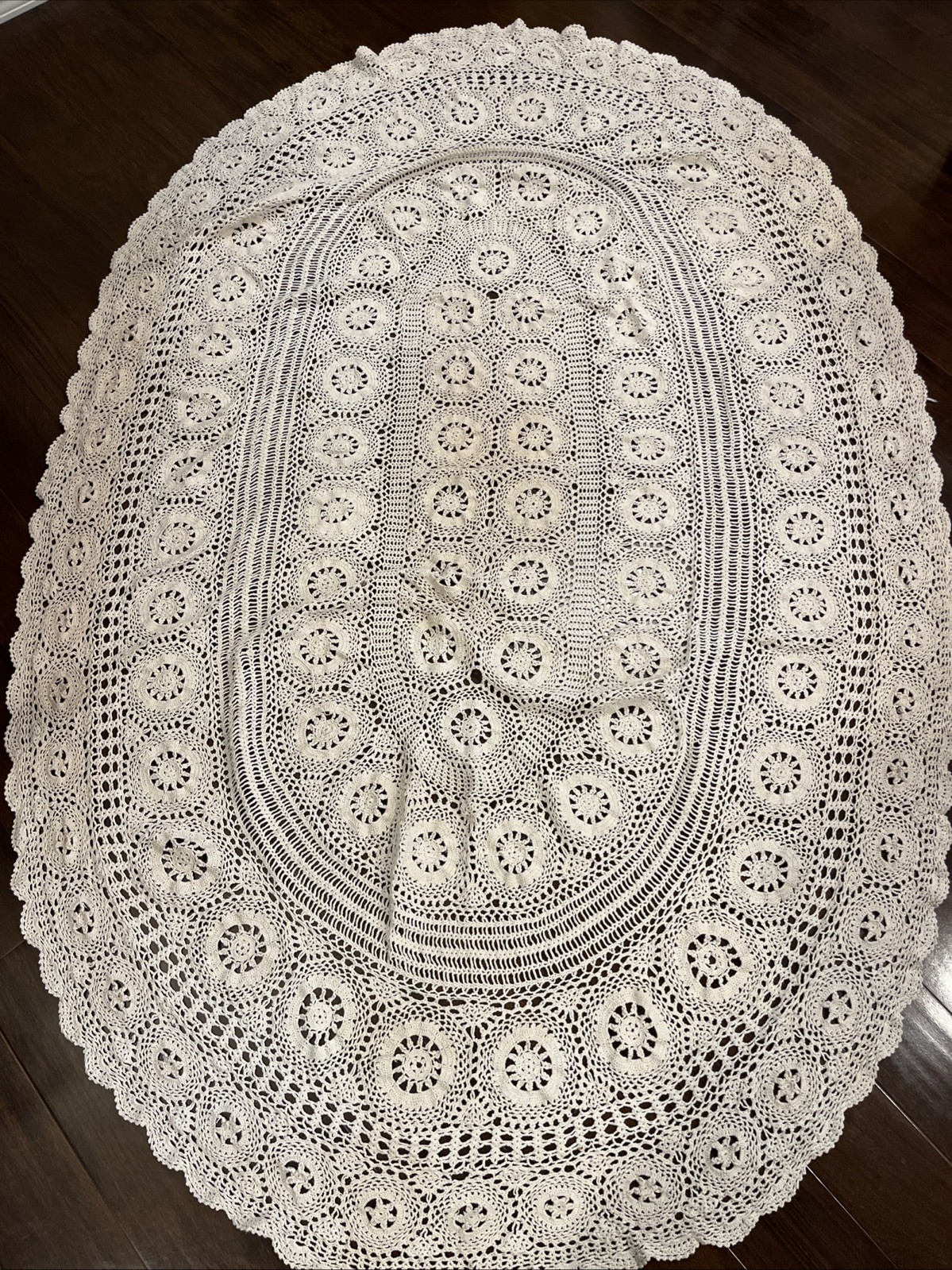 VTG Cottagecore Hand Crochet Lace Tablecloth 53 x 79 Cream Cotton Oval Beige VTG Cottagecore Hand Crochet Lace Tablecloth 53 x 79 Cream Cotton Oval Beige