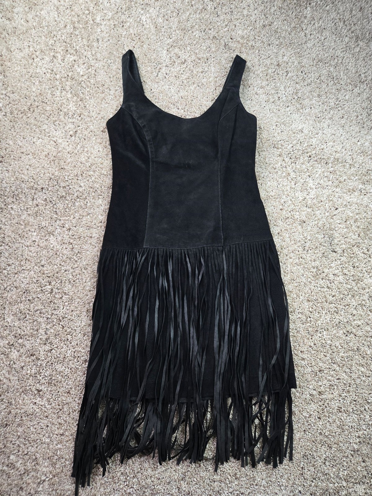 Vintage Kenar Dress Juniors 9 Black Leather Suede Fringe Tassel Lined USA