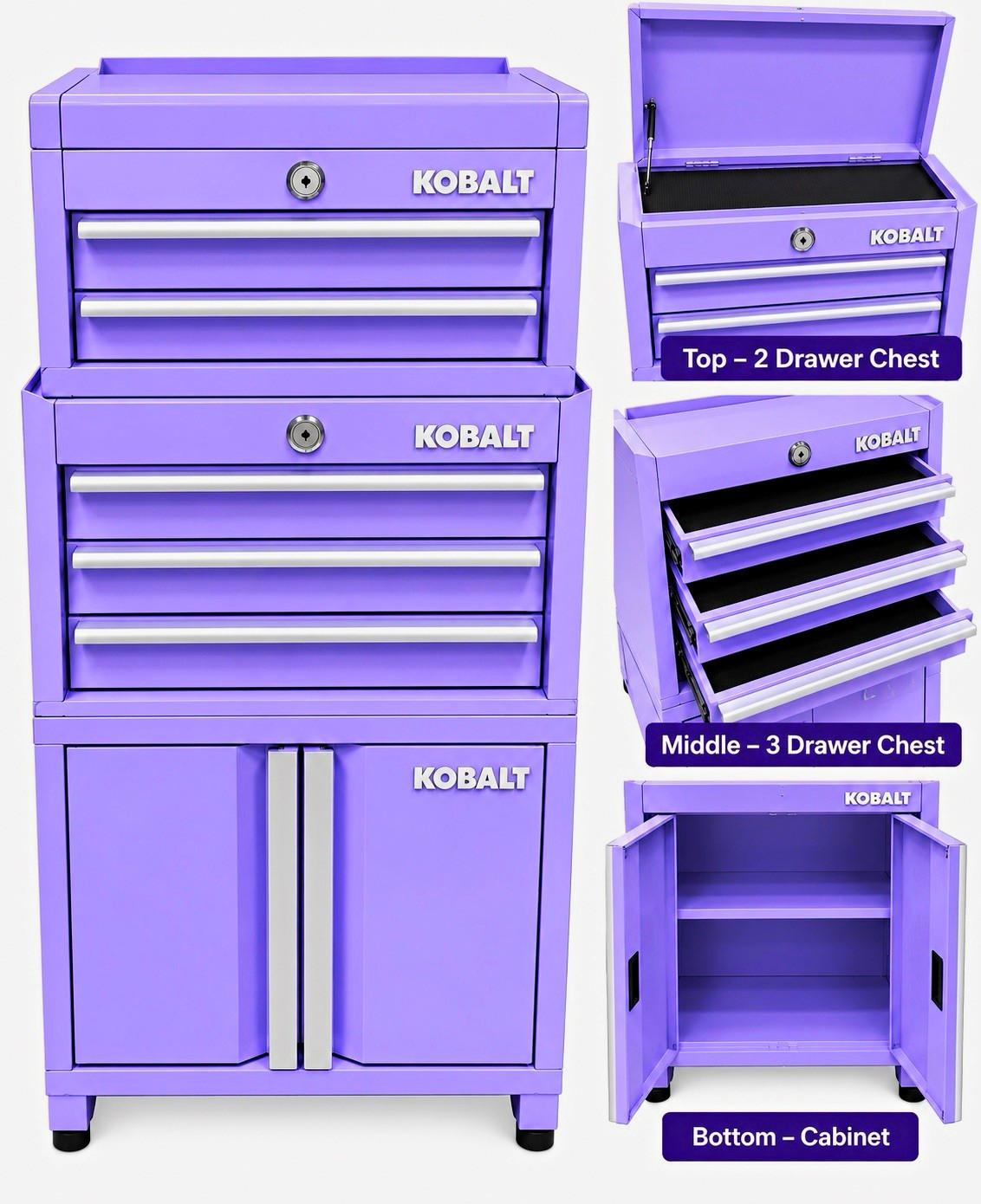 Kobalt Mini Toolbox 3 Piece Set Lavender Purple 2 & 3 Drawer Cabinet NEW