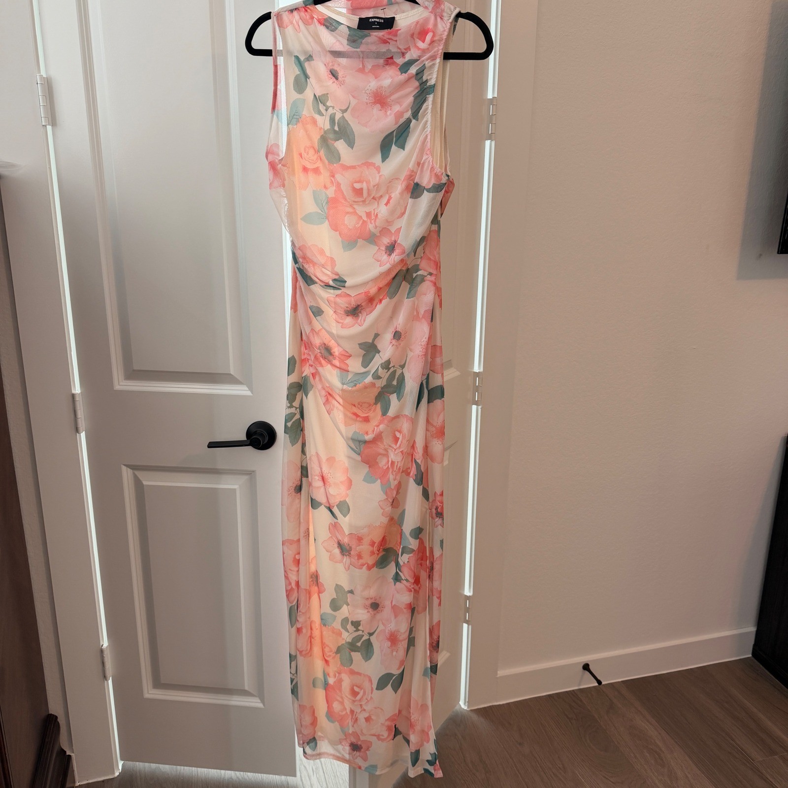 Express Floral Mesh Maxi Dress Pink Peach Cowl Neck Ruched Sleeveless Large Express Floral Mesh Maxi Dress Pink Peach Cowl Neck Ruched Sleeveless Large