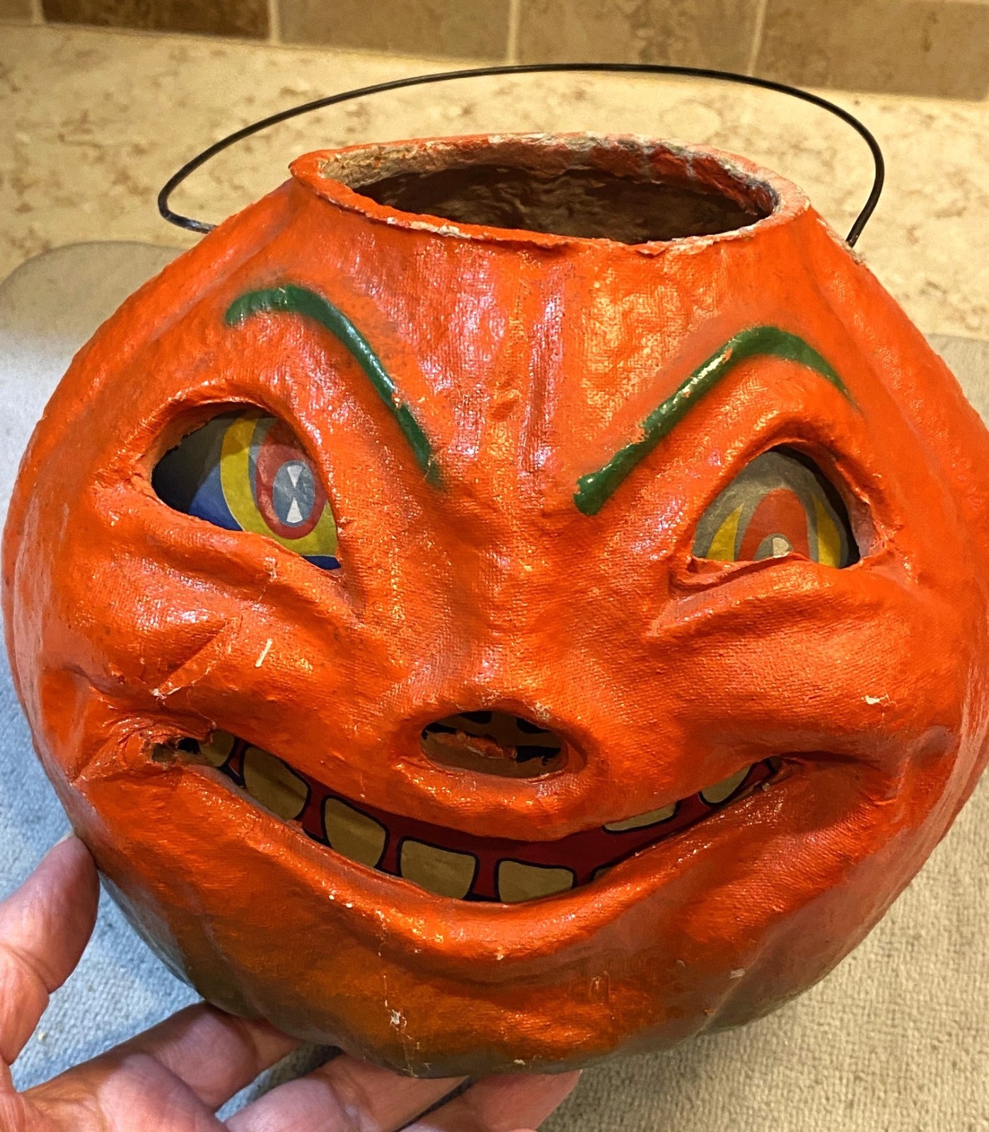 Vtg 1940s Pulp Paper Mache Halloween Jack O Lantern JOL w/Paper Insert 7.25 Vtg 1940s Pulp Paper Mache Halloween Jack O Lantern JOL w/Paper Insert 7.25