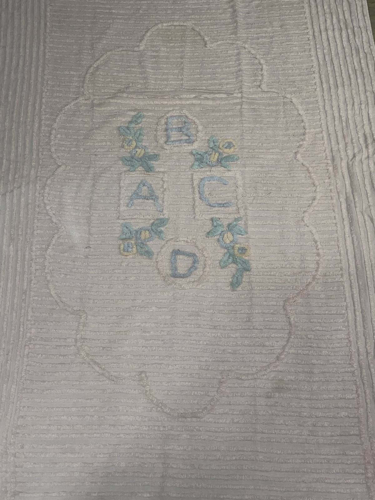 Vintage Pink Chenille Baby Crib Bedspread 58x38 ABC Embroidered Floral Nursery