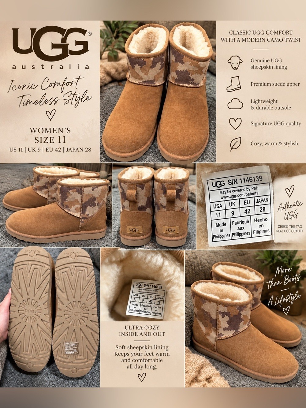 UGG Women’s 11 Chestnut Camo Classic Boots Rare Style New Never Worn