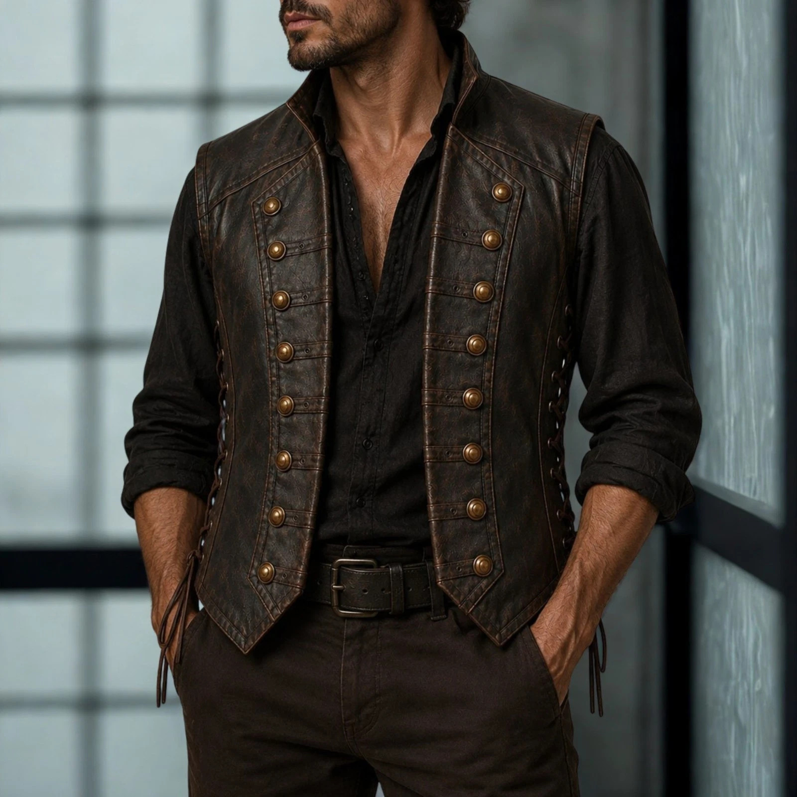 Brown Leather Men\'s Vest Steampunk Biker Gothic Military Button Waistcoat