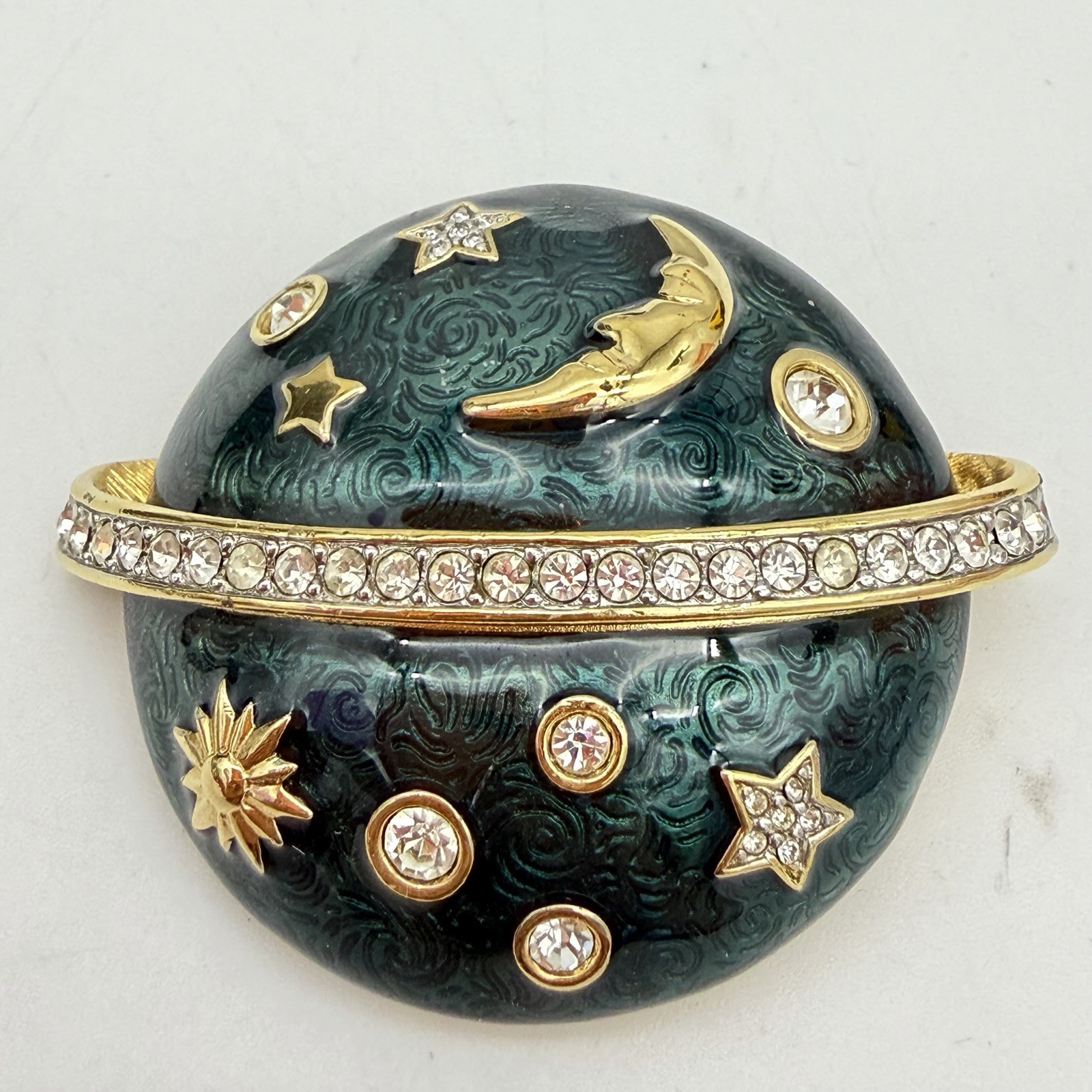 Swarovski Celestial Moon Stars Green Enamel Signed Crystal Dome Brooch Pin Heavy Swarovski Celestial Moon Stars Green Enamel Signed Crystal Dome Brooch Pin Heavy
