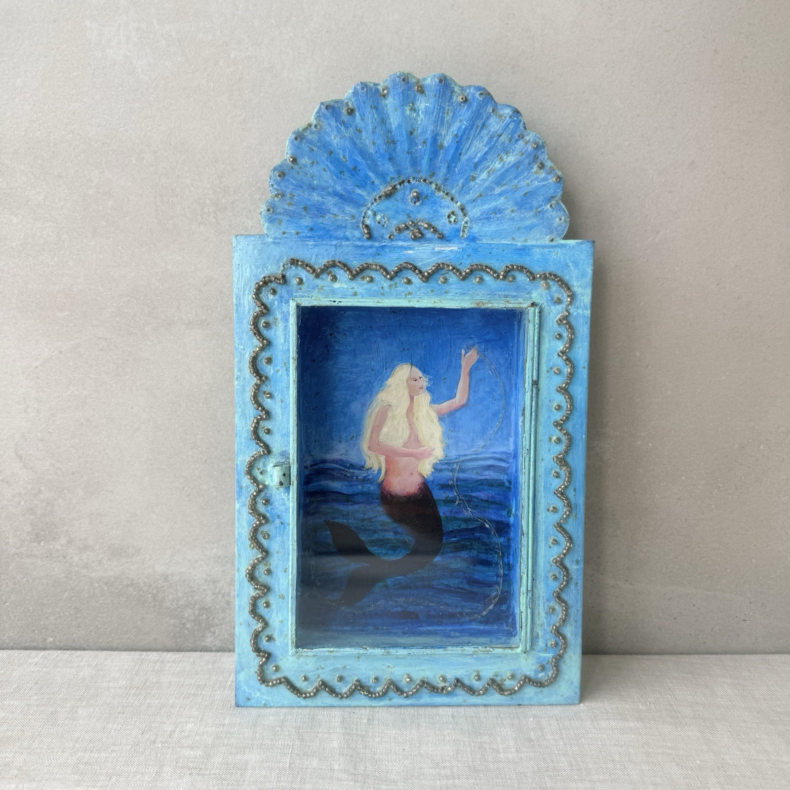 Vintage Mexican Tin Nicho Hand Painted Blue Mermaid Sirena Folk Art Retablo Vintage Mexican Tin Nicho Hand Painted Blue Mermaid Sirena Folk Art Retablo