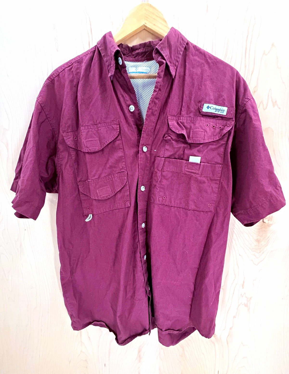 Columbia PFG Men's L Burgundy Wine Red Short Sleeve Cotton Relaxed Fishing Shirt Columbia PFG Men's L Burgundy Wine Red Short Sleeve Cotton Relaxed Fishing Shirt