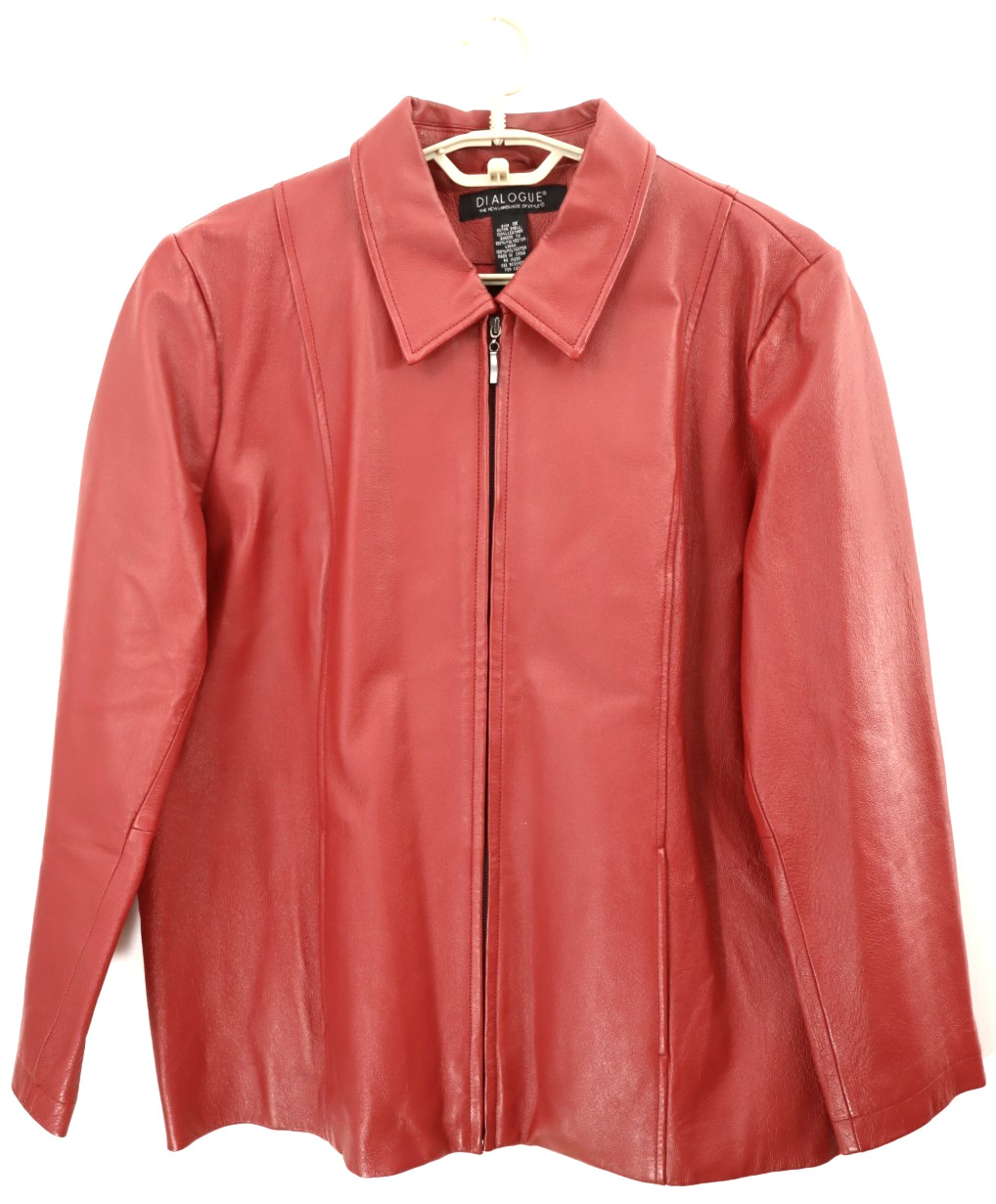 DIALOGUE Women\'s Genuine  Leather Jacket Long Sleeve Full Zip Dark Red 1X Plus