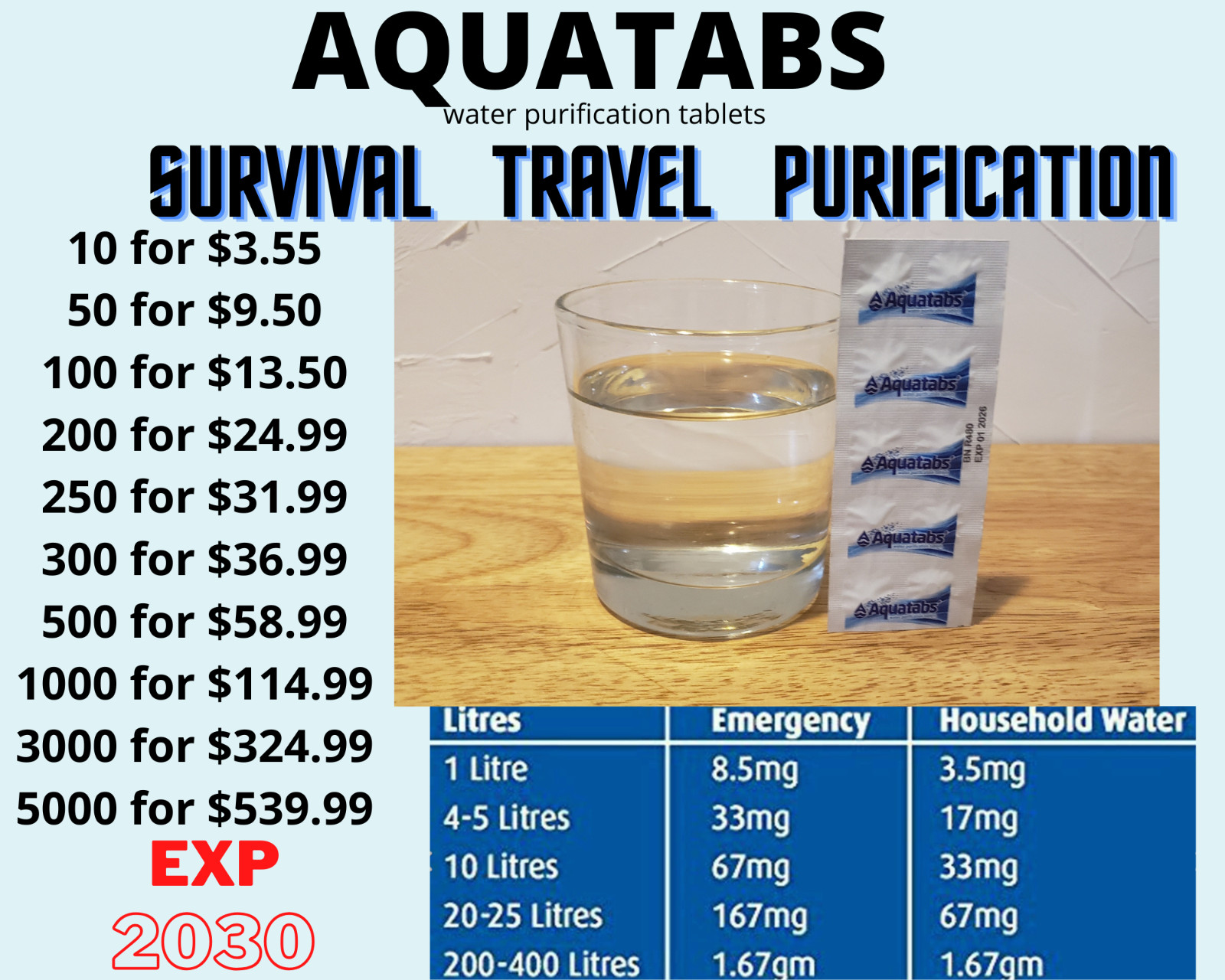 Clean Water Purification Tablets Camping-Aquatabs Survival BEST EXP DATE 2030