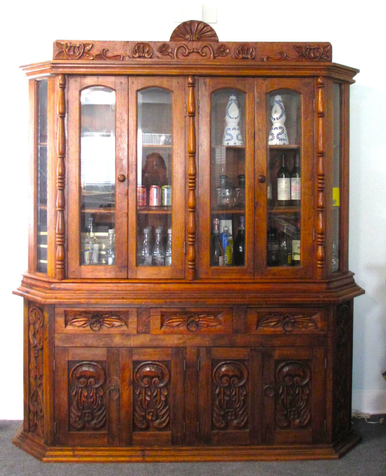 Authentic Antique Large Mexican Style Carved Wood China Cabinet Two Pieces
