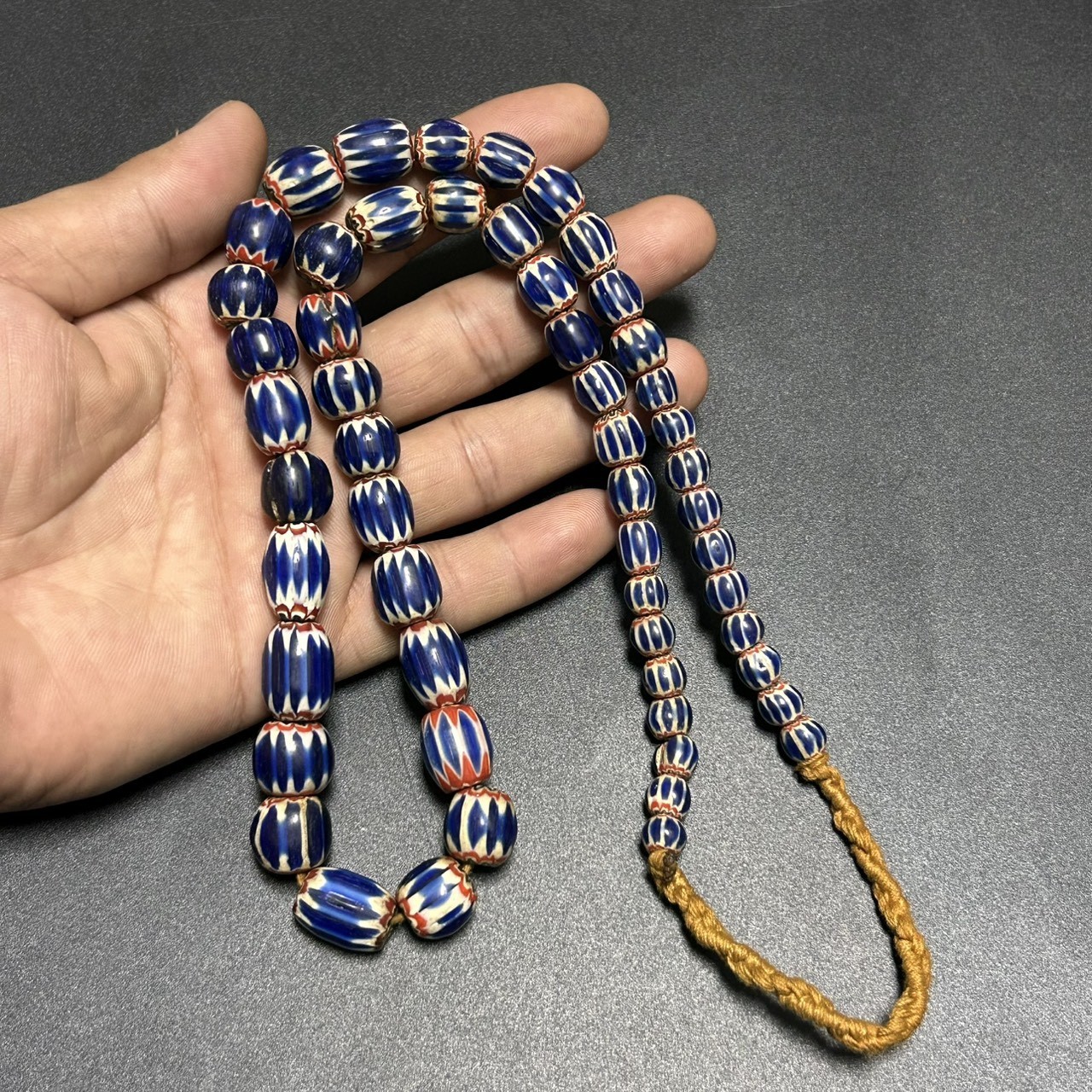 Vintage Venetian Chevron Blue Glass Beads Necklace Old African Trade Beads