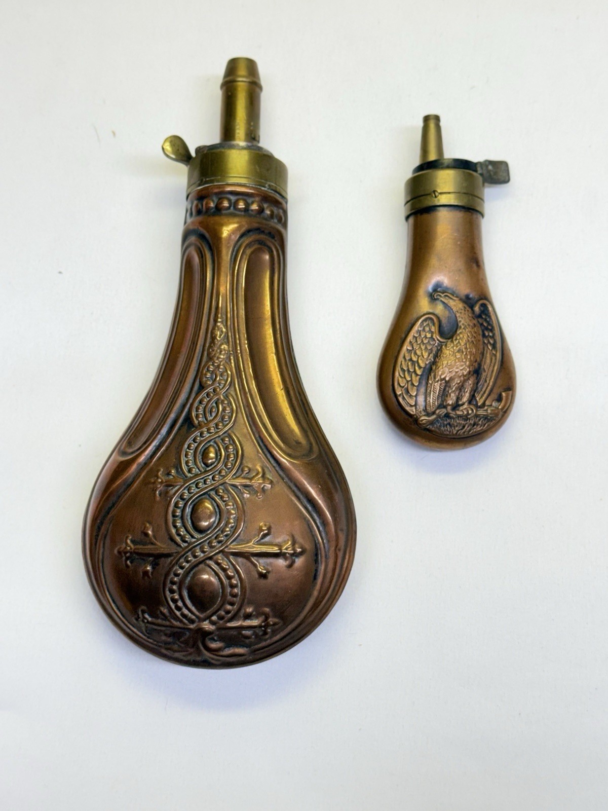 Antique Mid-19th C. Eagle & Geometrical Pat Powder Flask – Copper & Brass *Rare*