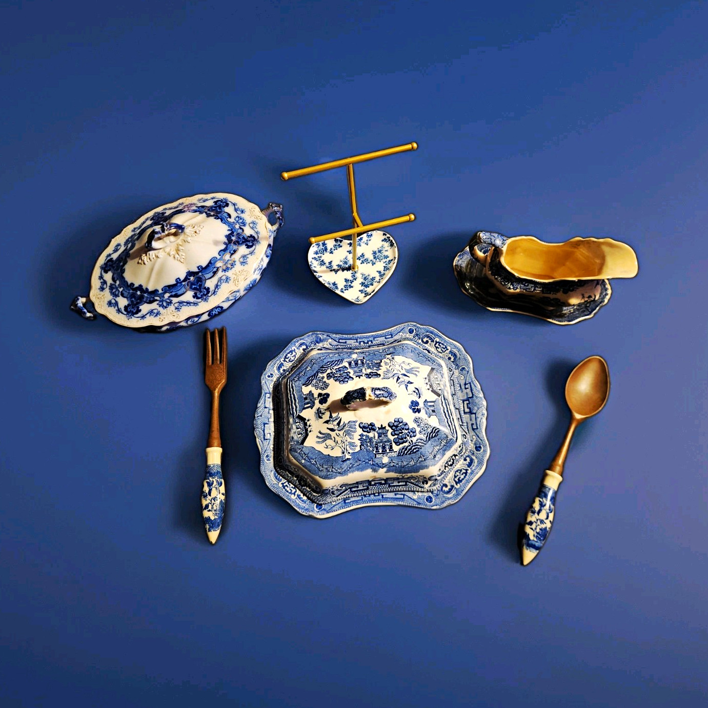 Antique 1890s Upper Hanley Blue Willow Staffordshire Serving Set