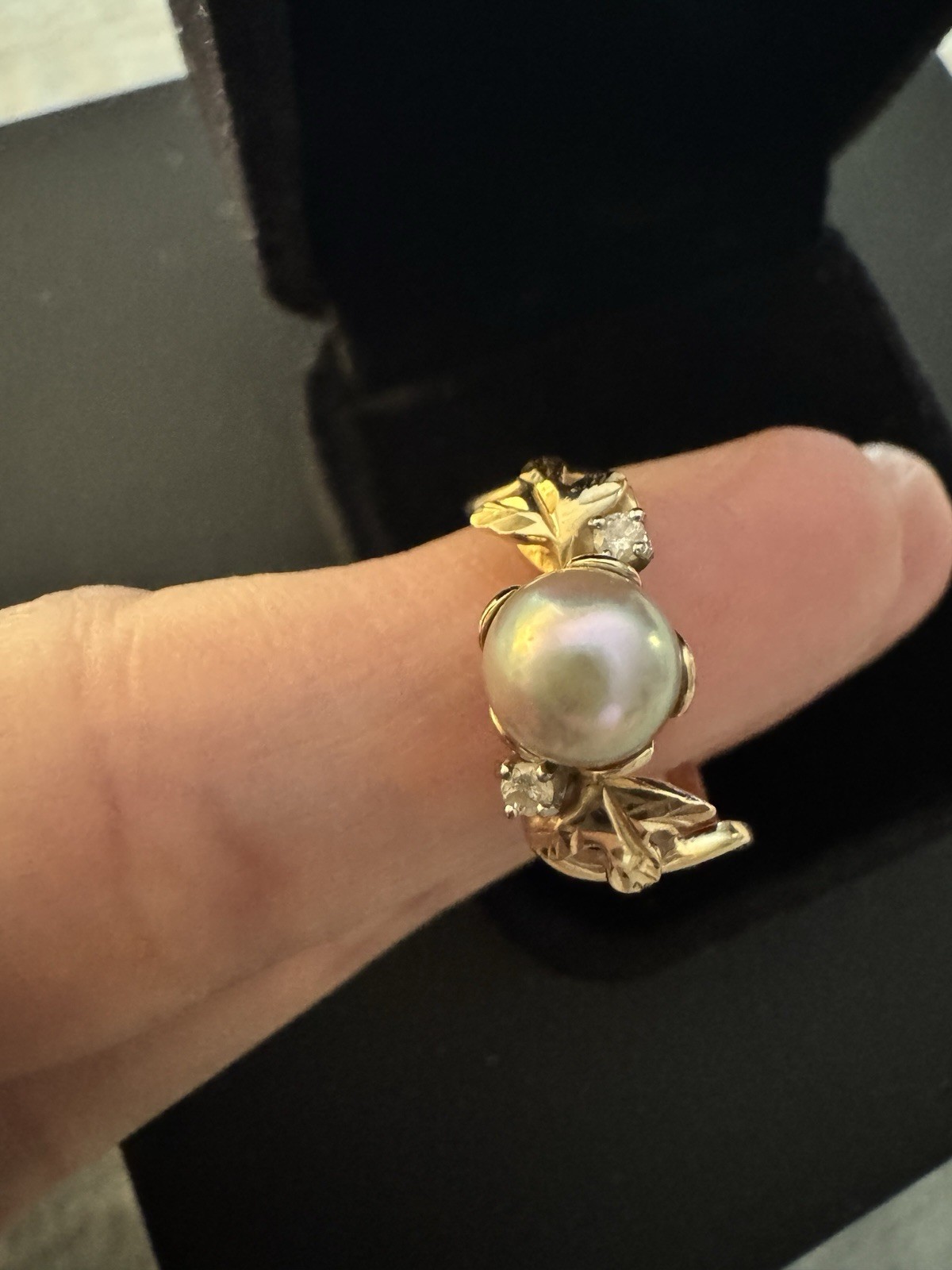 Solid 14K 14Kt Yellow Gold Pearl Diamond Leaf Hawaiian Women's Band Ring Size 7