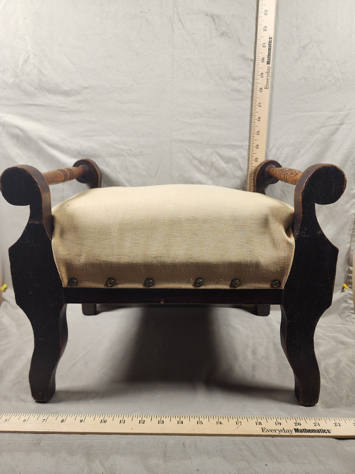 Antique Mid 20th Century Vintage Mahogany Wooden Footstool Upholstered