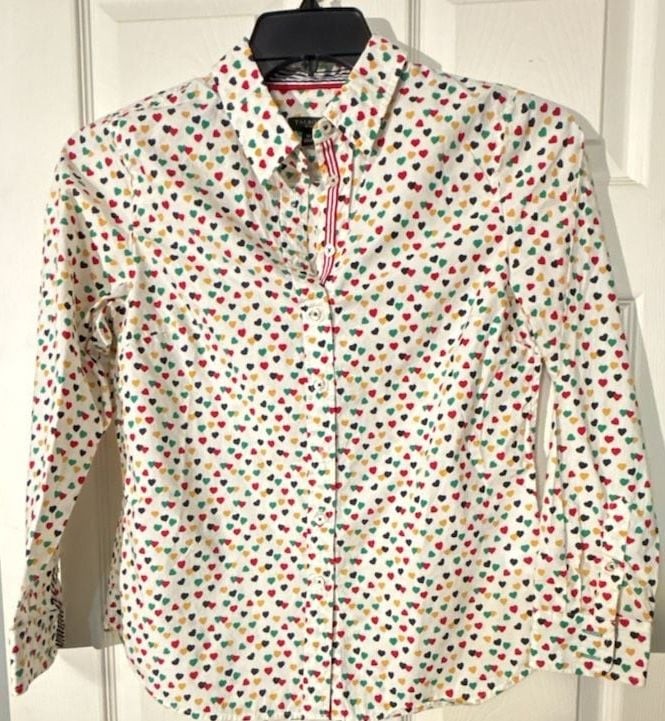 Talbots Ditsy Hearts Cotton Shirt Size SP Multicolor Long Sleeve