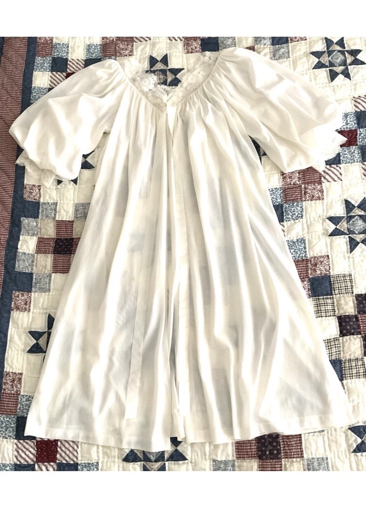 1963 SANS SOUCI White Peignoir Robe Double Chiffon Sleeves Lace Cuff Tie Front-S
