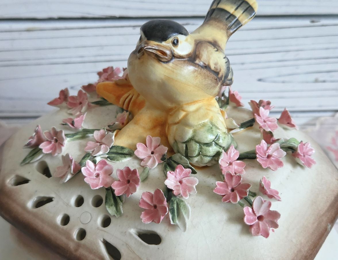 Vintage Mollica Capodimonte Encrusted Floral & Bird Trinket Dish, Italy, Milan