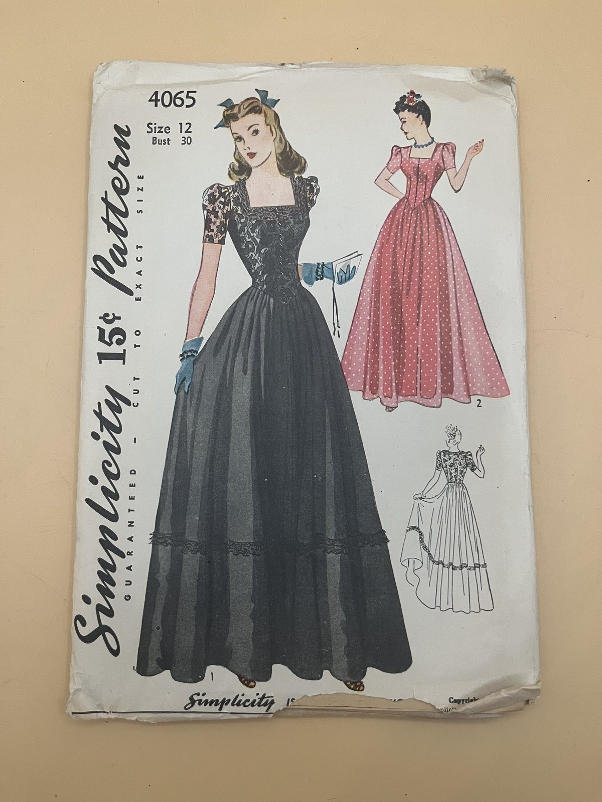 Vintage 1940s Simplicity 4065 Evening Gown Sewing Pattern Size 12 Bust 30